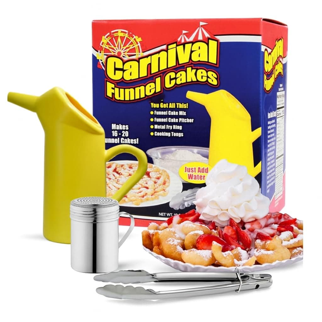 Funnel Cake Deluxe Carnival Kit– Includes Funnel Cake Mix, Dredging Ring, Dredge Shaker, and 1lb Confectioners' Sugar- Carnival Food Maker
