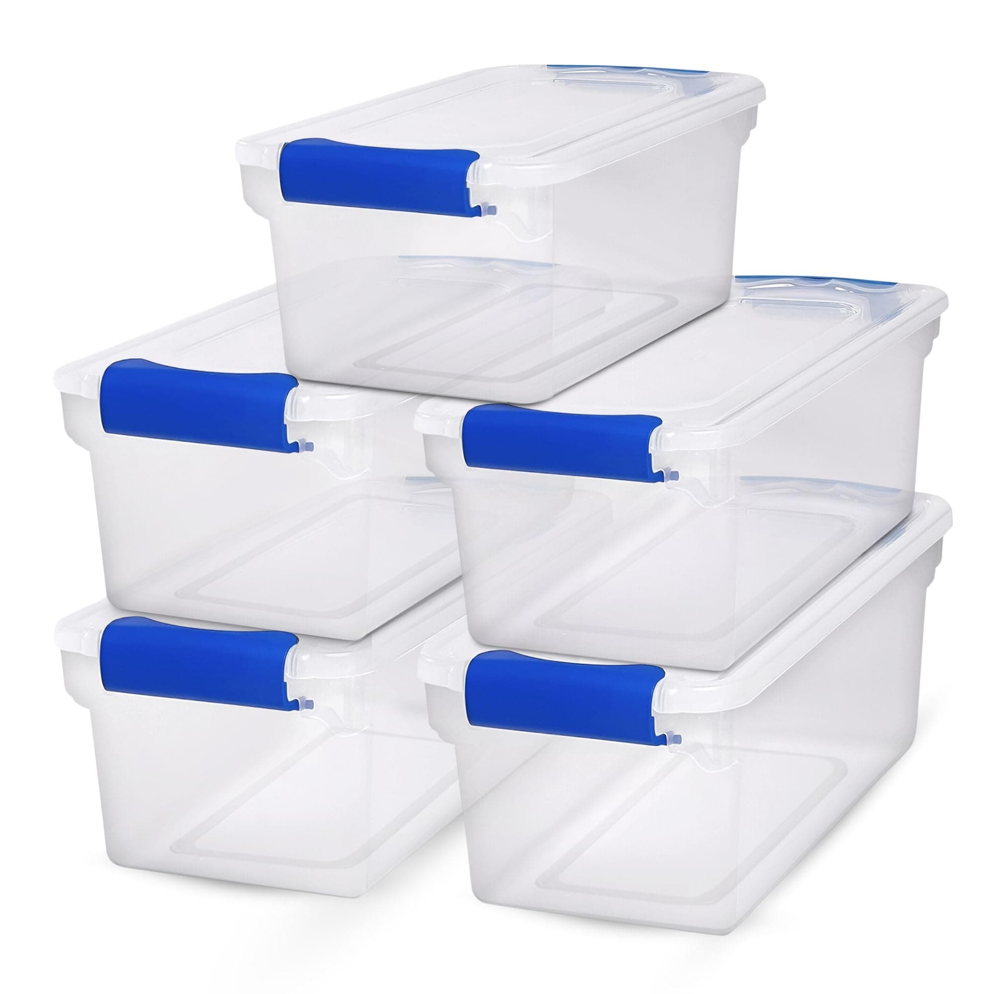 HOMZ 5-Pack Latching Lid, Clear Plastic Storage Organizer Bins, 7.5 Quart, Blue Latch - Stackable Organizing Containers for Home, Garage, and Office