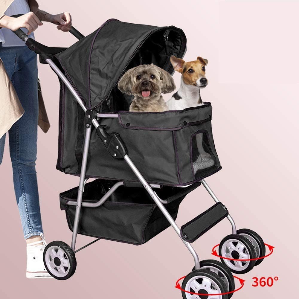 Dog Stroller Pet Stroller Cat Stroller 4 Wheels Pet Jogger Stroller 25lbs Capacity Travel Lite Foldable Carrier Strolling Cart W/Cup Holders Removable Liner for Medium and Small Dog,Black
