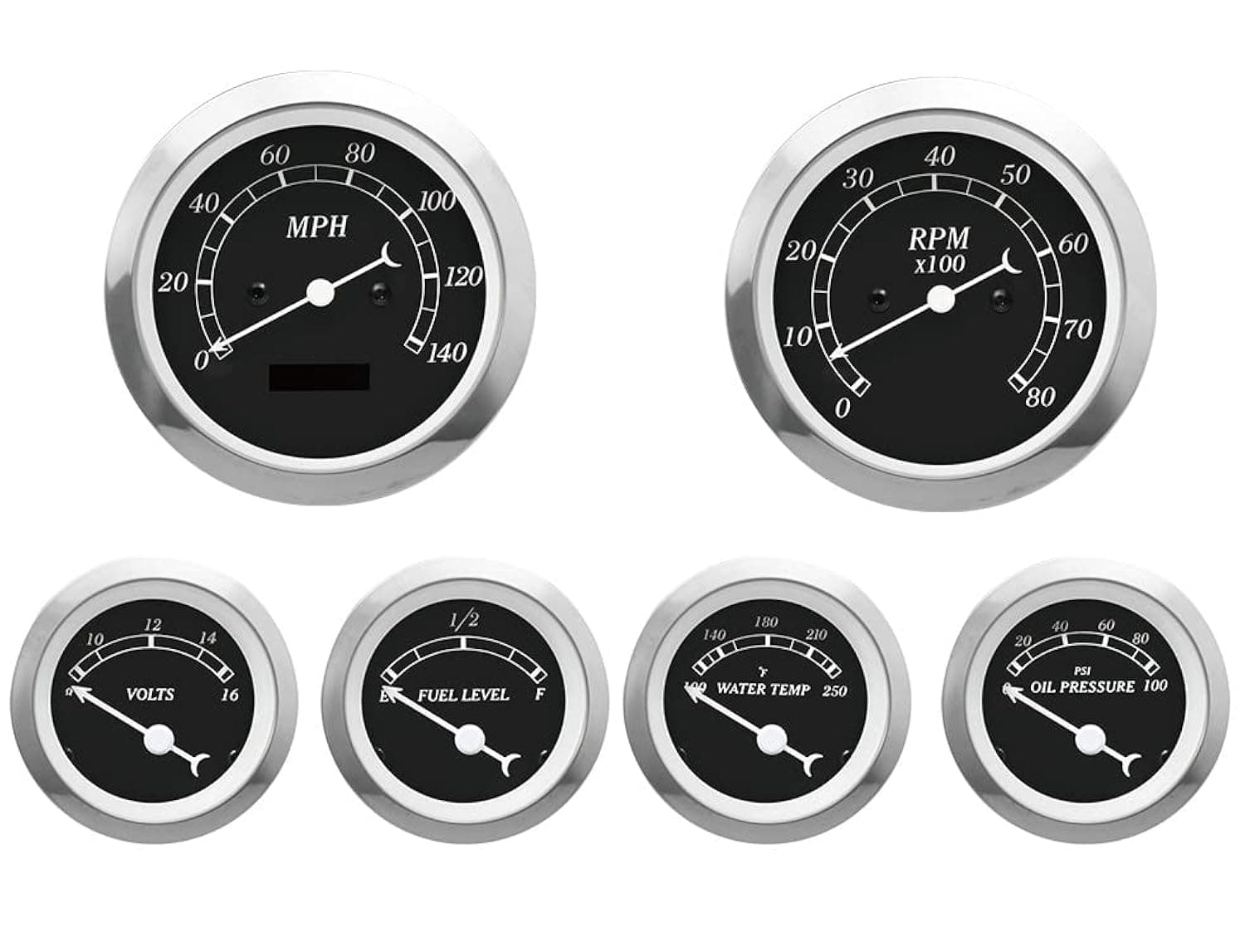 MOTOR METER RACING Classic 6 Gauge Set with ECU Based Electrical Speedometer Digital Odometer Black Dial White Needle Light Bulb Illumination 85mm 3-3/8" & 52mm 2-1/16"
