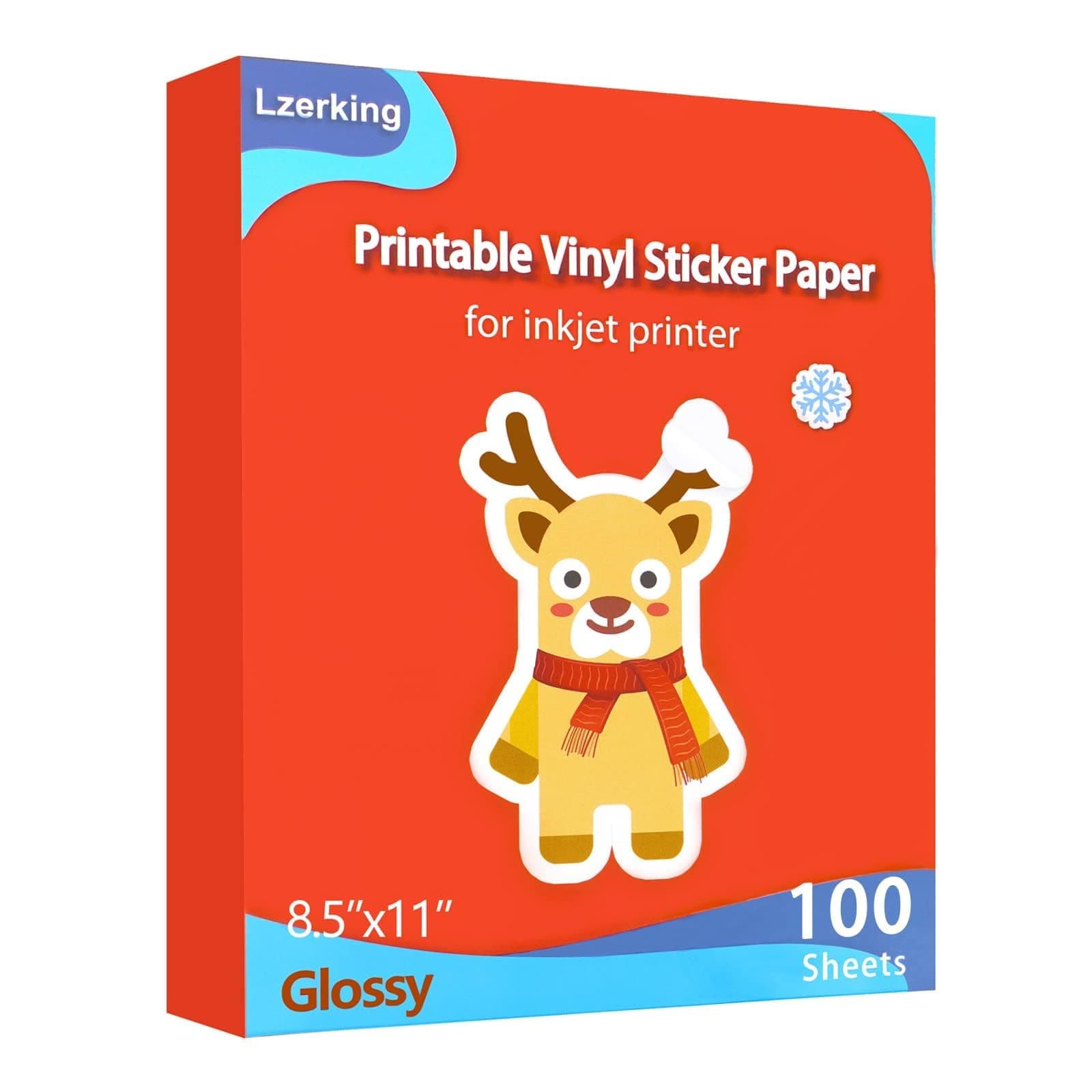 Lzerking Glossy Printable Vinyl Sticker Paper for Printer - 100 Sheets White Self-Adhesive, Quick-Drying Waterproof, for Inkjet & Laser Printers, Compatible with Cricut for Small Business, 8.5x11in