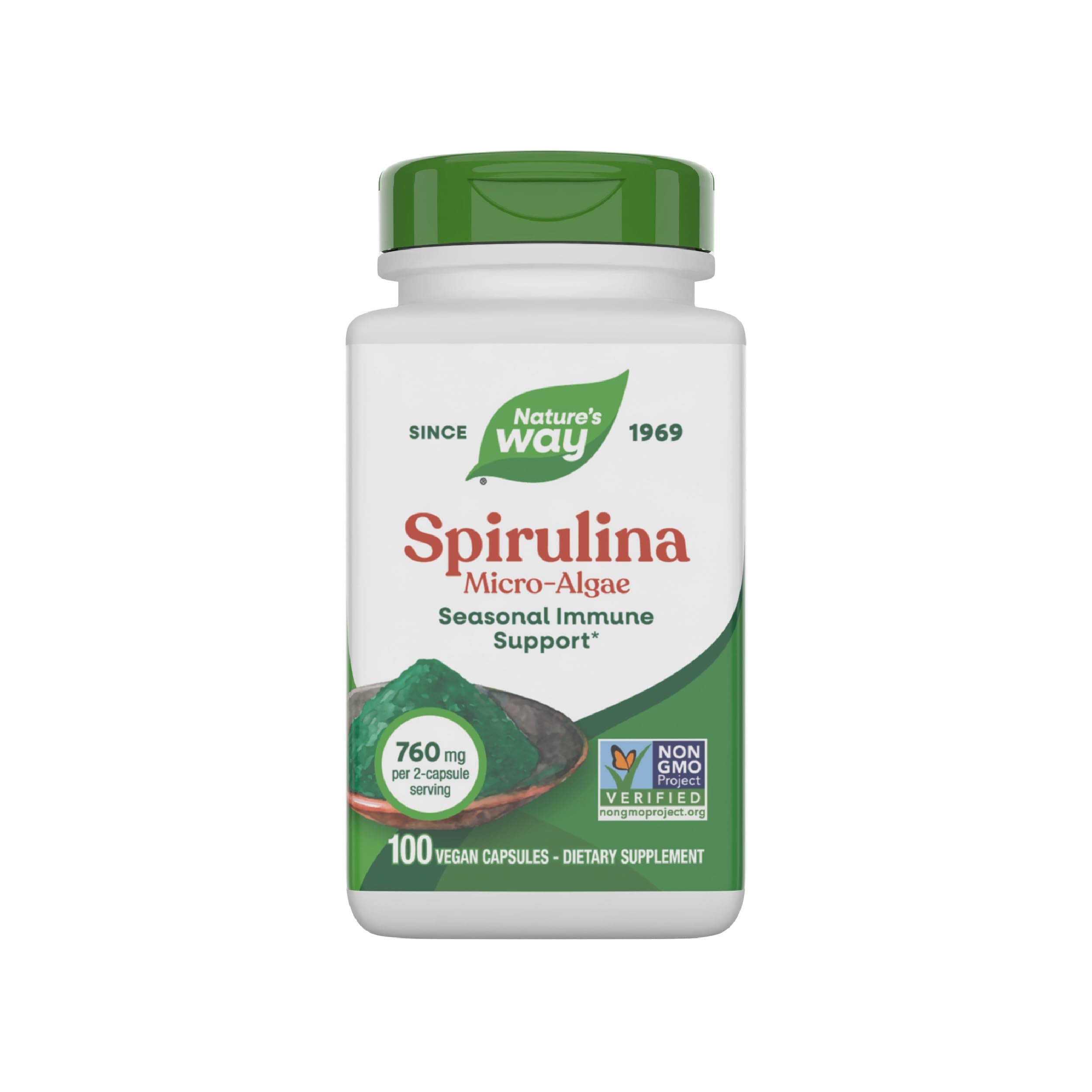 Nature's Way Spirulina Micro-Algae, Seasonal Immune Support*, Source of Vitamin A (Beta Carotene), 760 mg per Serving, 100 Vegan Capsules (Packaging May Vary)