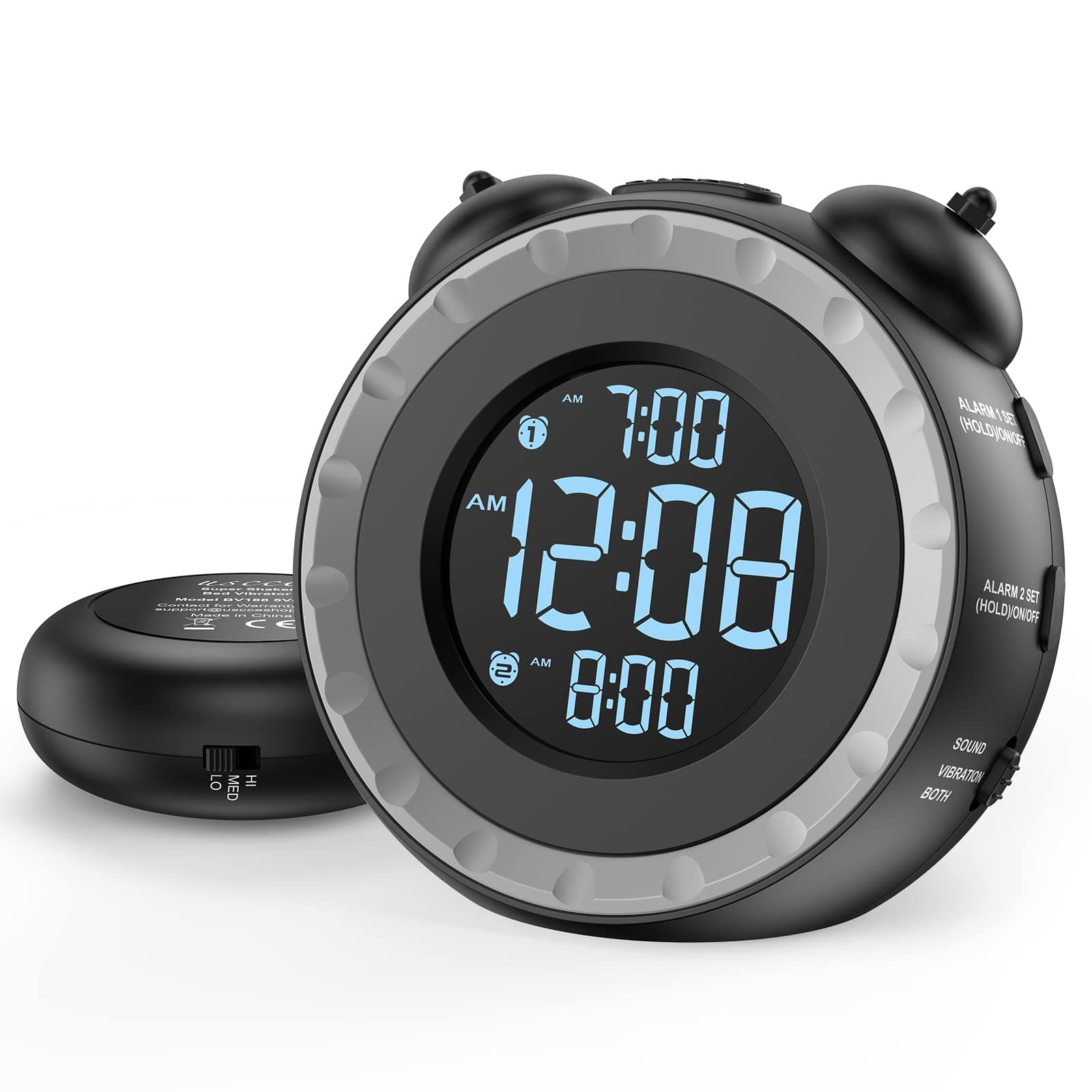 Loud Dual Alarm Clock with Bed Shaker - 0-100% Dimmer, Vibrating Alarm Clock for Heavy Sleepers or Hearing Impaired, Easy to Set, USB Charging Port, Snooze, Battery Backup