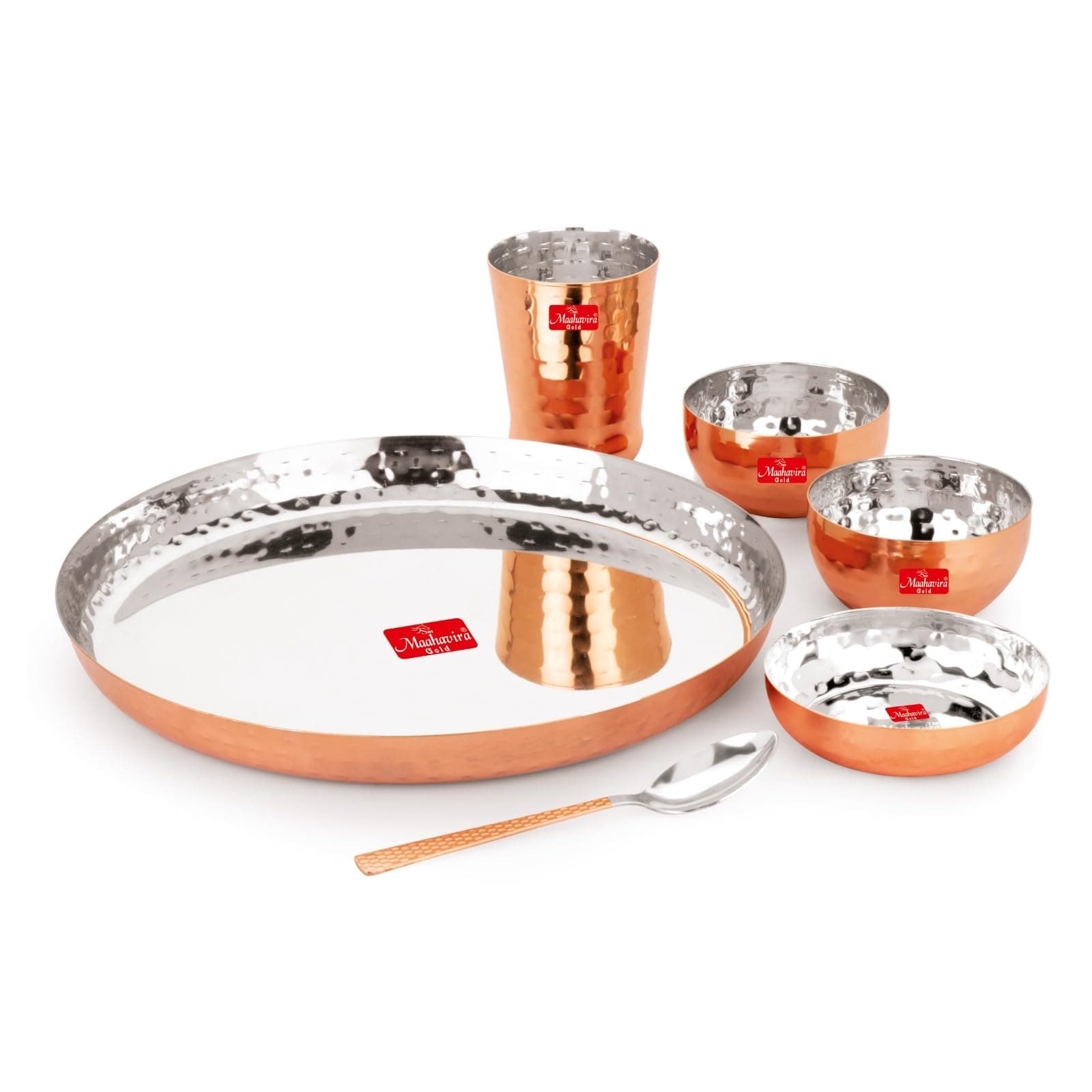 Round Copper Hammered Finish Dinner Sets Used for Home & Restaurant with 1 Thali, 2 Bowls, 1 Sweet Dish, 1 Glass & 1 Spoon-Set of 6