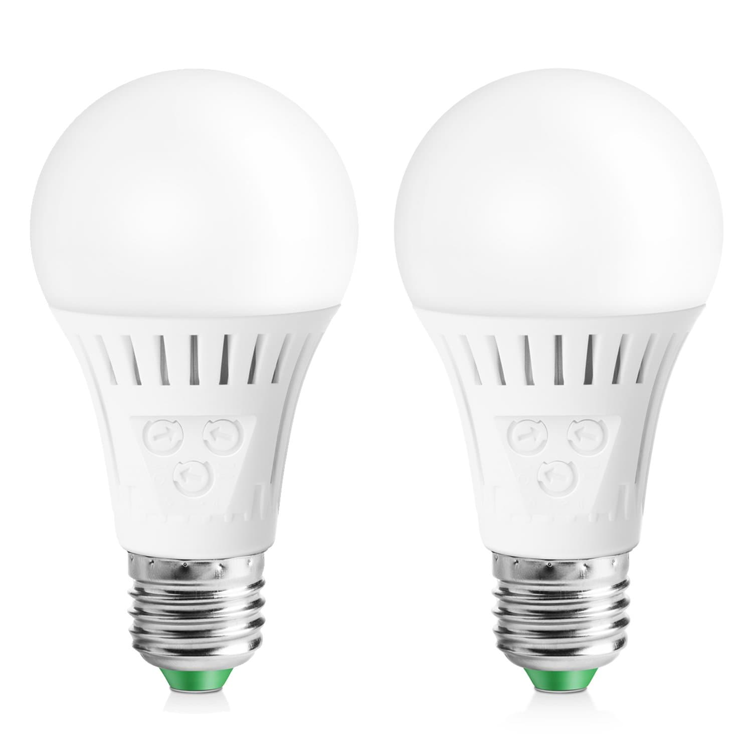 Elrigs Motion Sensor Light Bulb with Dusk to Dawn, E26 Base, 7W LED(60W Equivalent), Warm White(3000K), Motion Sensitivity, Time and Twilight Setting Adjustable, 2-Pack