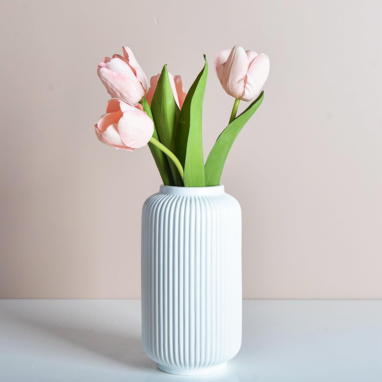 Tall 20CM White Ceramic Ribbed Vases for Home Decor Table Centerpieces, Geometric Design Decorative Flowers Vase, Desk Decor