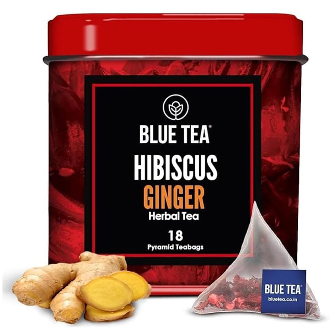 BLUE TEA - Hibiscus Tea - 18 Count - Ginger - Pyramid Plant Based Tea Bag | SKIN GLOW ENHANCING TEA | Herbal Tea - Tangy & Spicy - Flower Based - Caffeine Free - Vegan | Reusable Tin Pack
