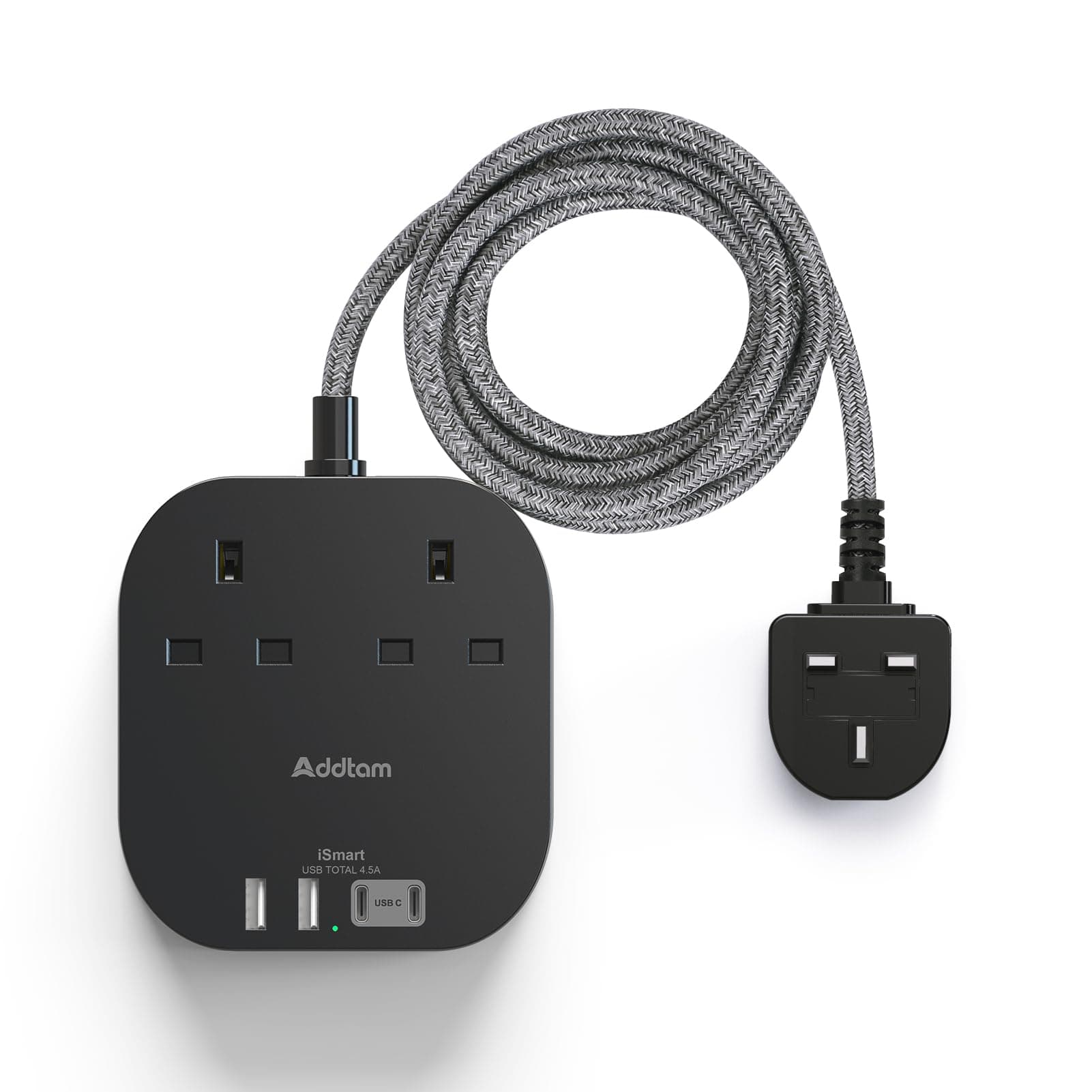 Extension Lead with USB Slots, Power Strips with 2 Way Outlets 4 USB(4.5A, 2 Type C and 2 USB A Ports) Surge Protection Plug Socket with 1.8 Meter Braided cord for Home/Office