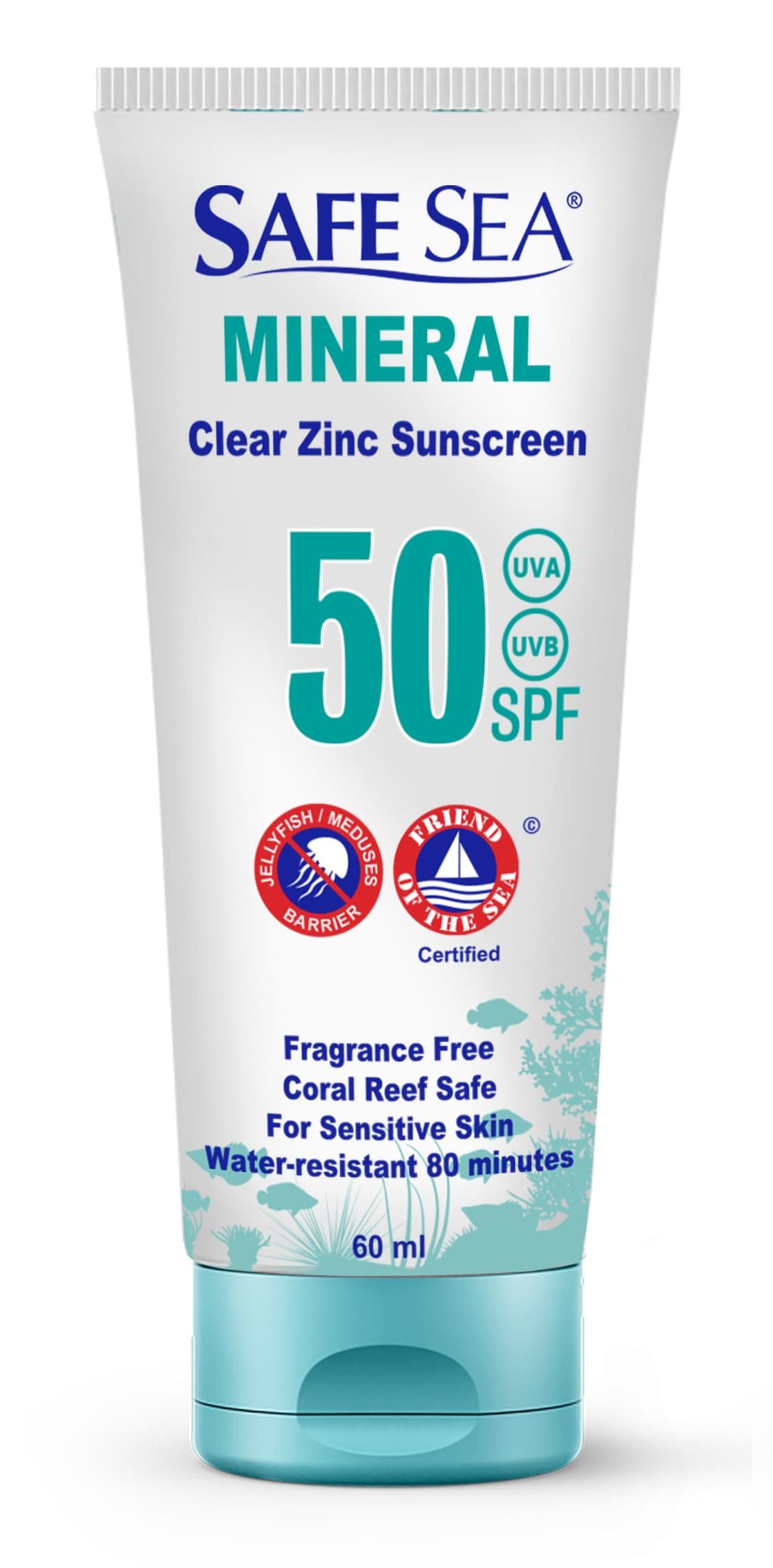 Safe Sea Zinc Oxide Sunscreen SPF50 | Clear Mineral Face Sunscreen | Anti-Jellyfish Sting Protective Lotion | Coral Reef Safe | Travel Size - 2Oz (60ml), Pack of 1