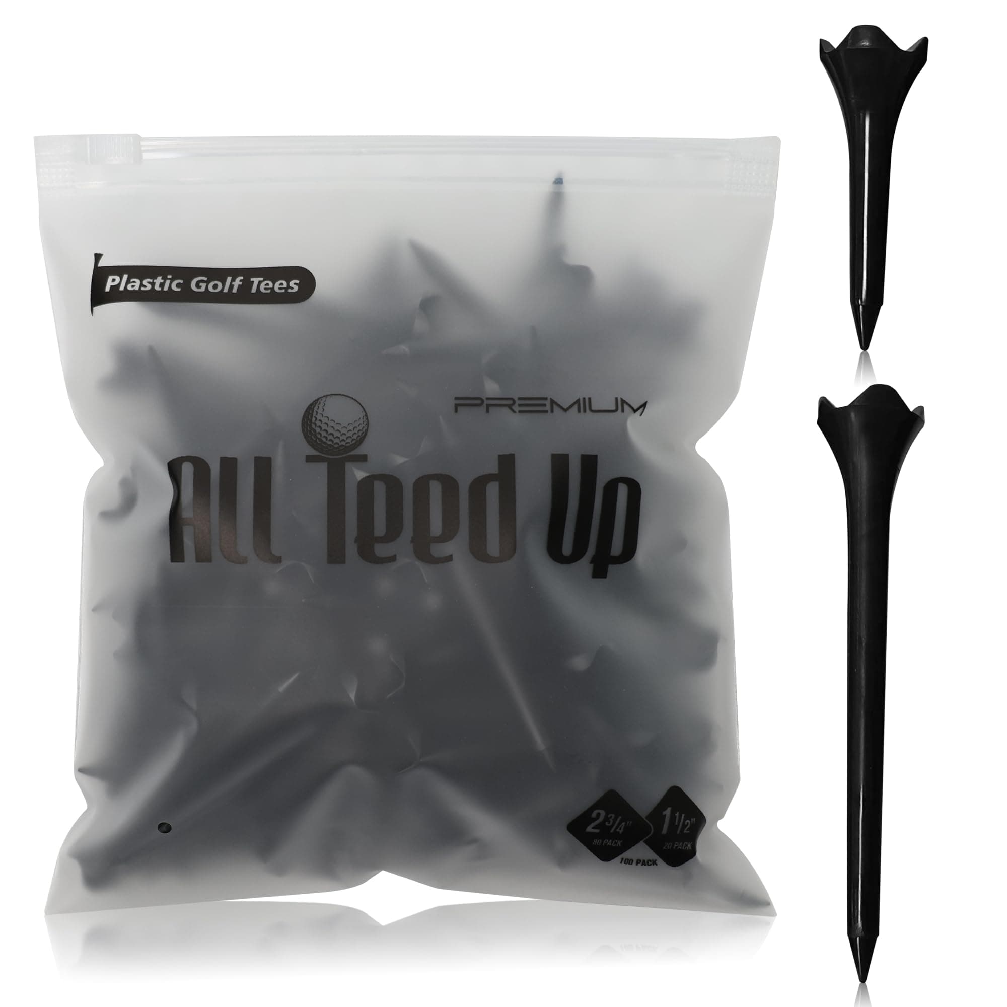 All Teed Up Premium Plastic Golf Tees - Black- 2.75 & 1.5 Inch Plastic Combo Pack