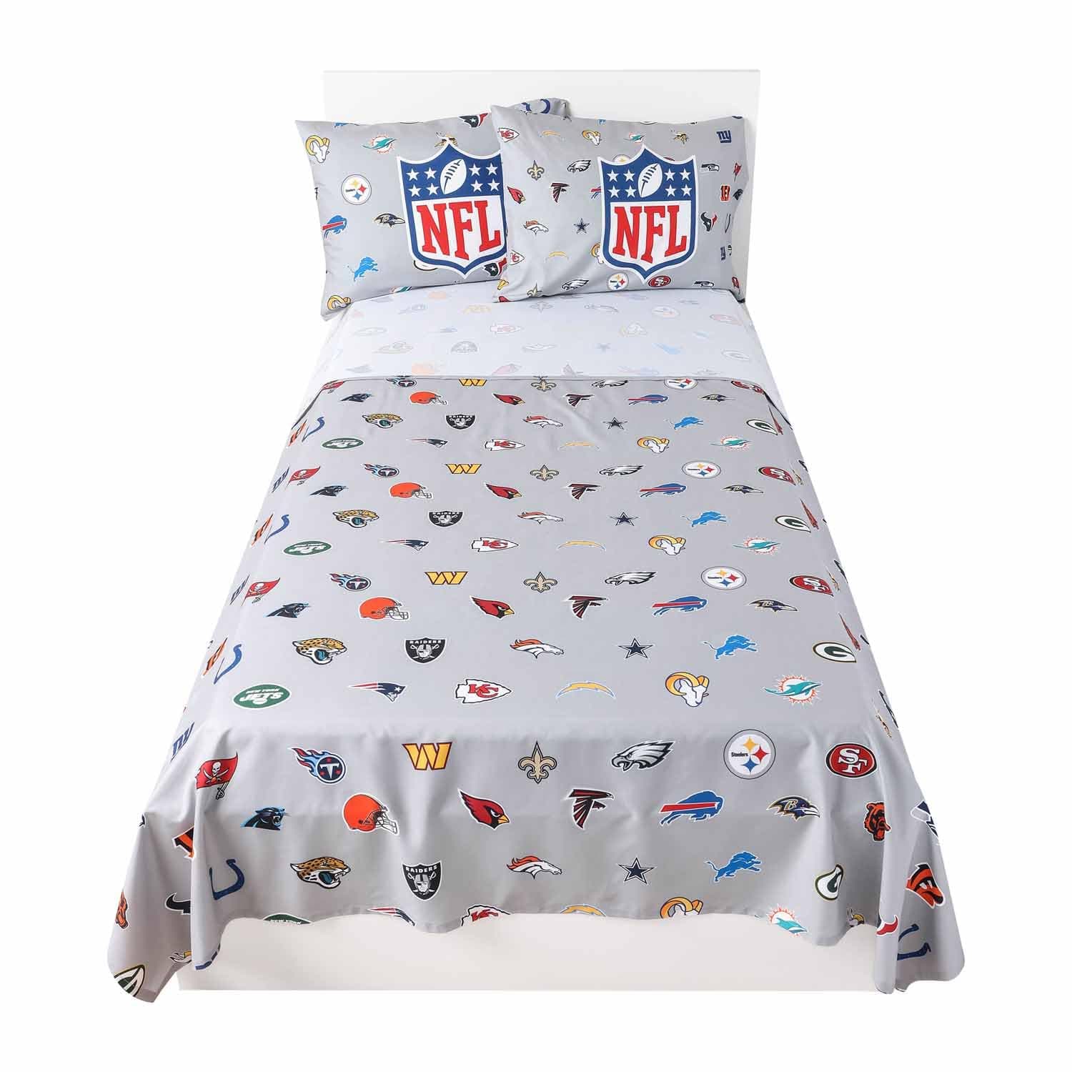 FOCONFL Ultimate Fan Repeating All Team Logo Bedding Set - 2 Sheets 2 Pillow Cases - Full or Twin- Officially Licensed (NFL - Team Color, Twin)