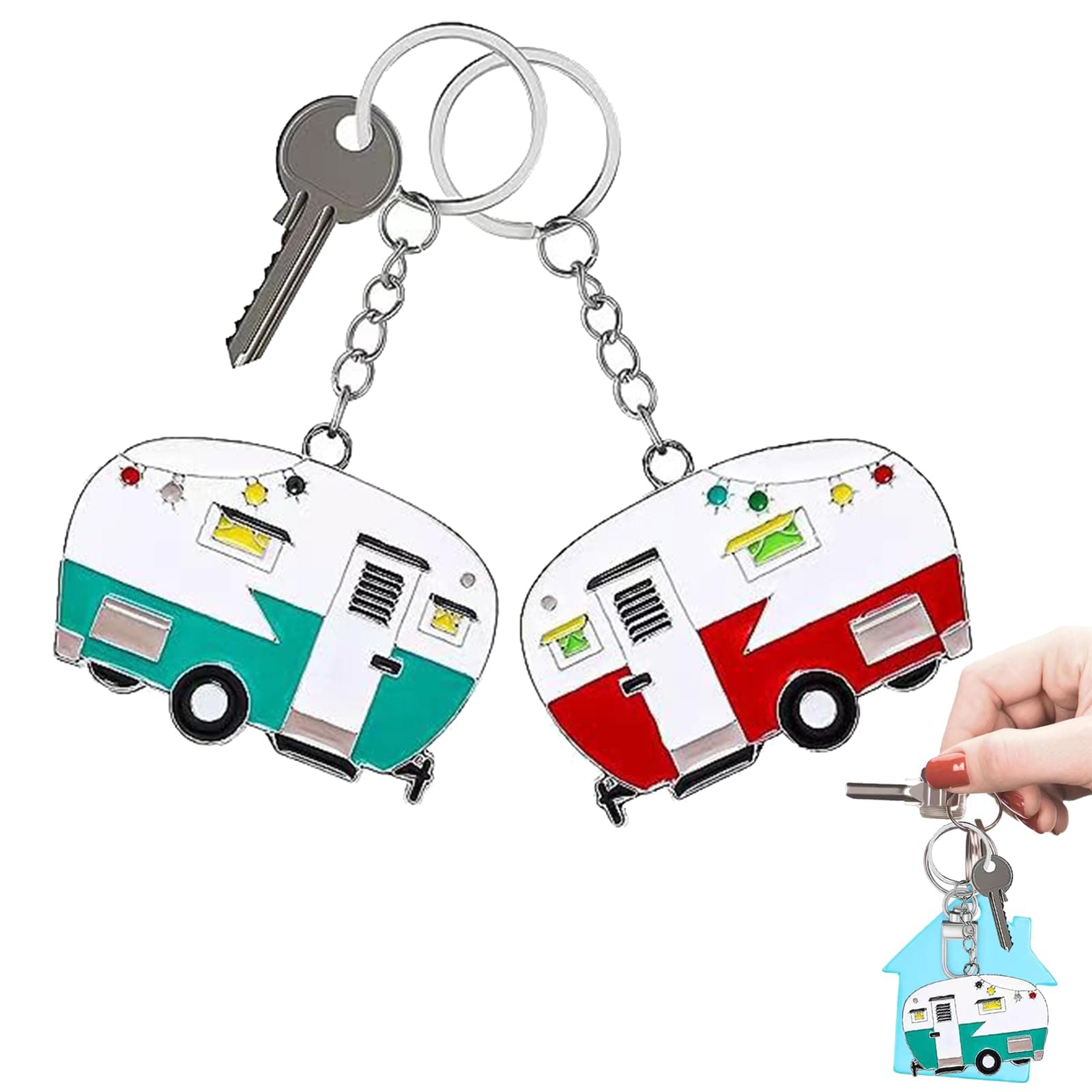 2 Pack Camper Keychain Set Happy RV Camper Keyring Couples Camping Accessories for Men Women Travel Trailers