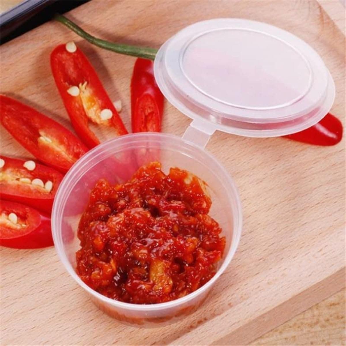 HOT BARGAINS 100 Pack 2oz/60ml Hinged Sauce Pots Clear Round Reusable Plastic Containers with Lids