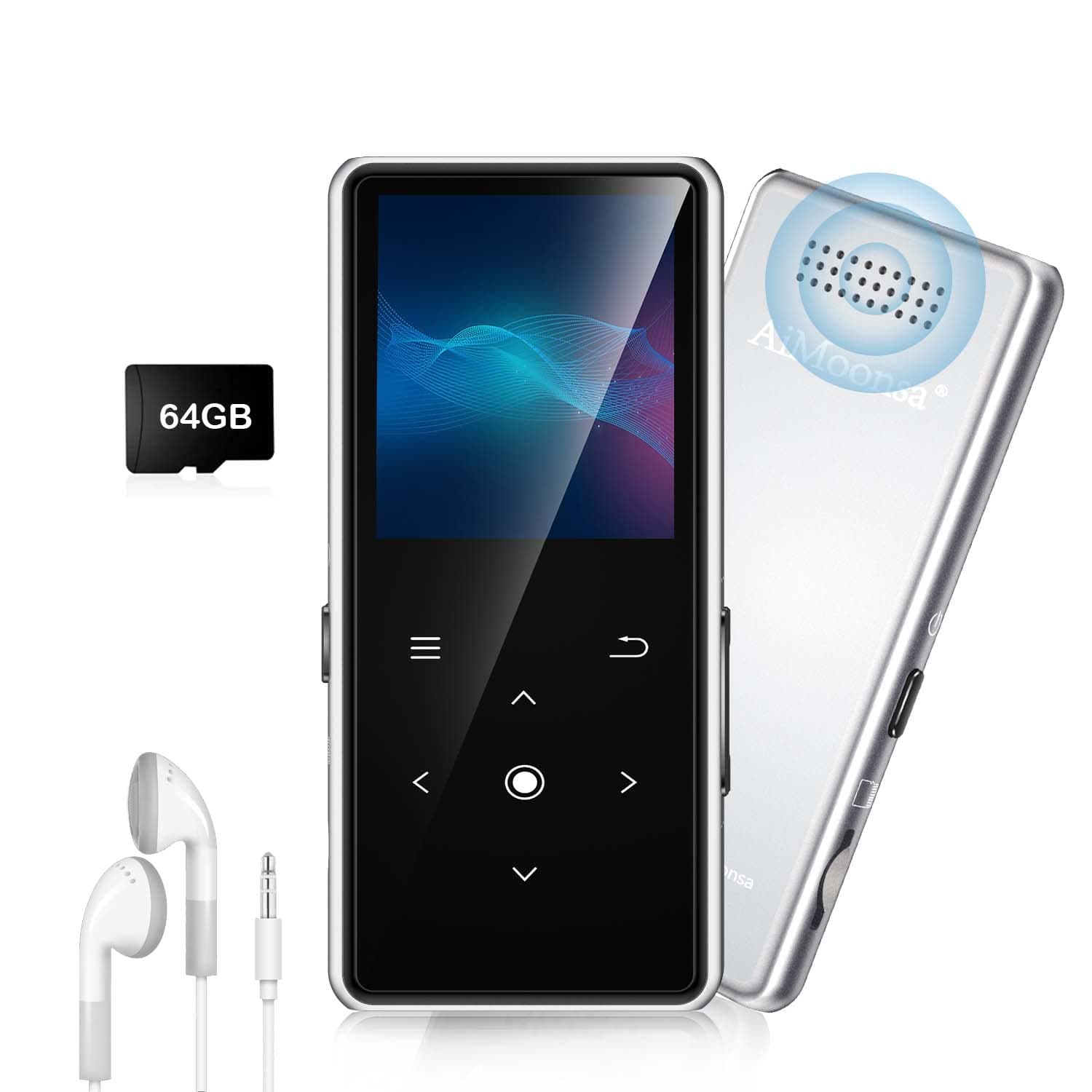 AiMoonsa 64GB MP3 Player with Bluetooth 5.2, Music Player with Built-in HD Speaker, FM Radio, Voice Recorder, HiFi Sound, E-Book Function, Earphones Included