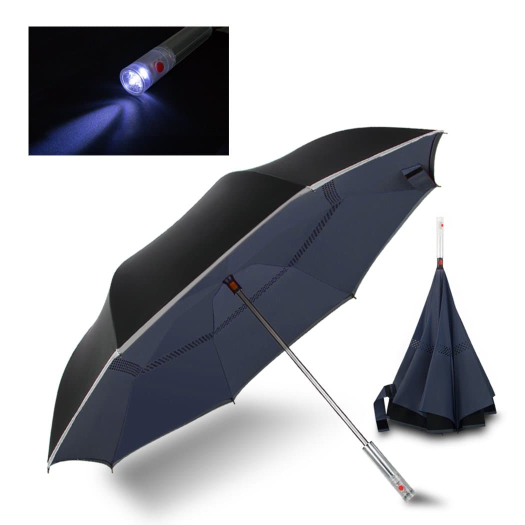 Double Layer Reverse Umbrella Windproof UV Proof Reverse Folding Inverted Umbrella Compact with SOS LED Light Handle for Women Men Blue