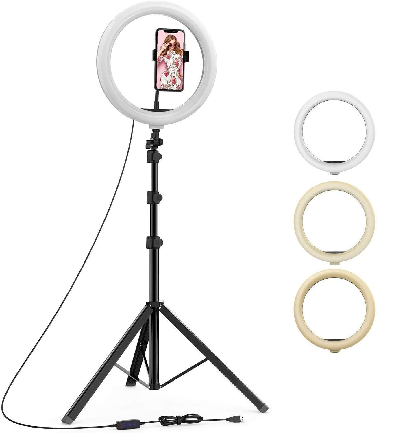 SHYLOC 10 Inch Updated Selfie Led Ring Light with Bluetooth Remote 3 Lights Color USB Adjustable LED Selfie Ring Light with Tripod Stand and Cell Phone Holder for Video and Photography