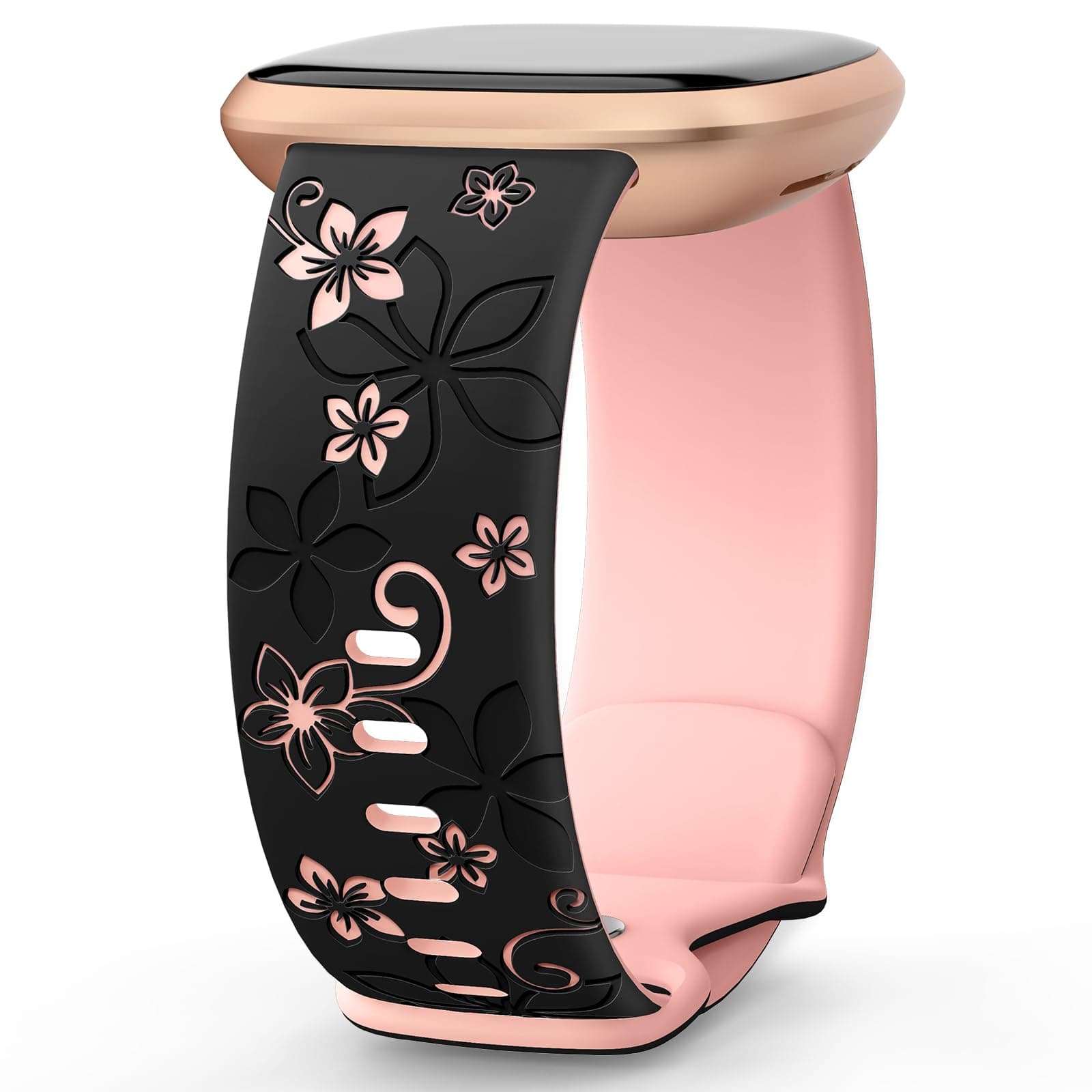 OHOTLOVE Floral Engraved Bands Compatible for Fitbit Sense Bands/Fitbit Versa 3 Bands Women/Fitbit Versa 4 Bands/Sense 2 Bands,Soft Cute Two-Tone Flower Sport Watch Strap Replacement Wristbands.A