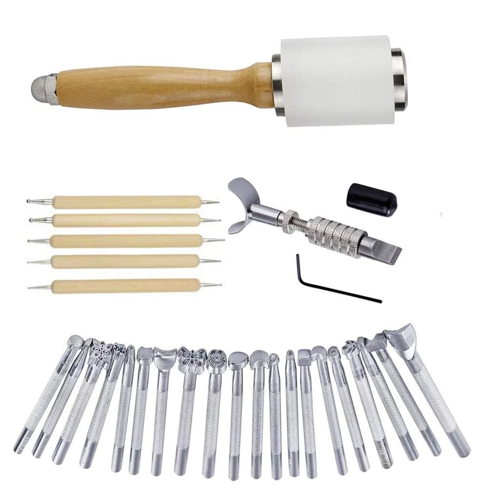 DUJISO 20 PCS Leather Stamping Tool Leather Carving Working Saddle Making Tools DIY Leather Craft Stamps Set DIY Hammer
