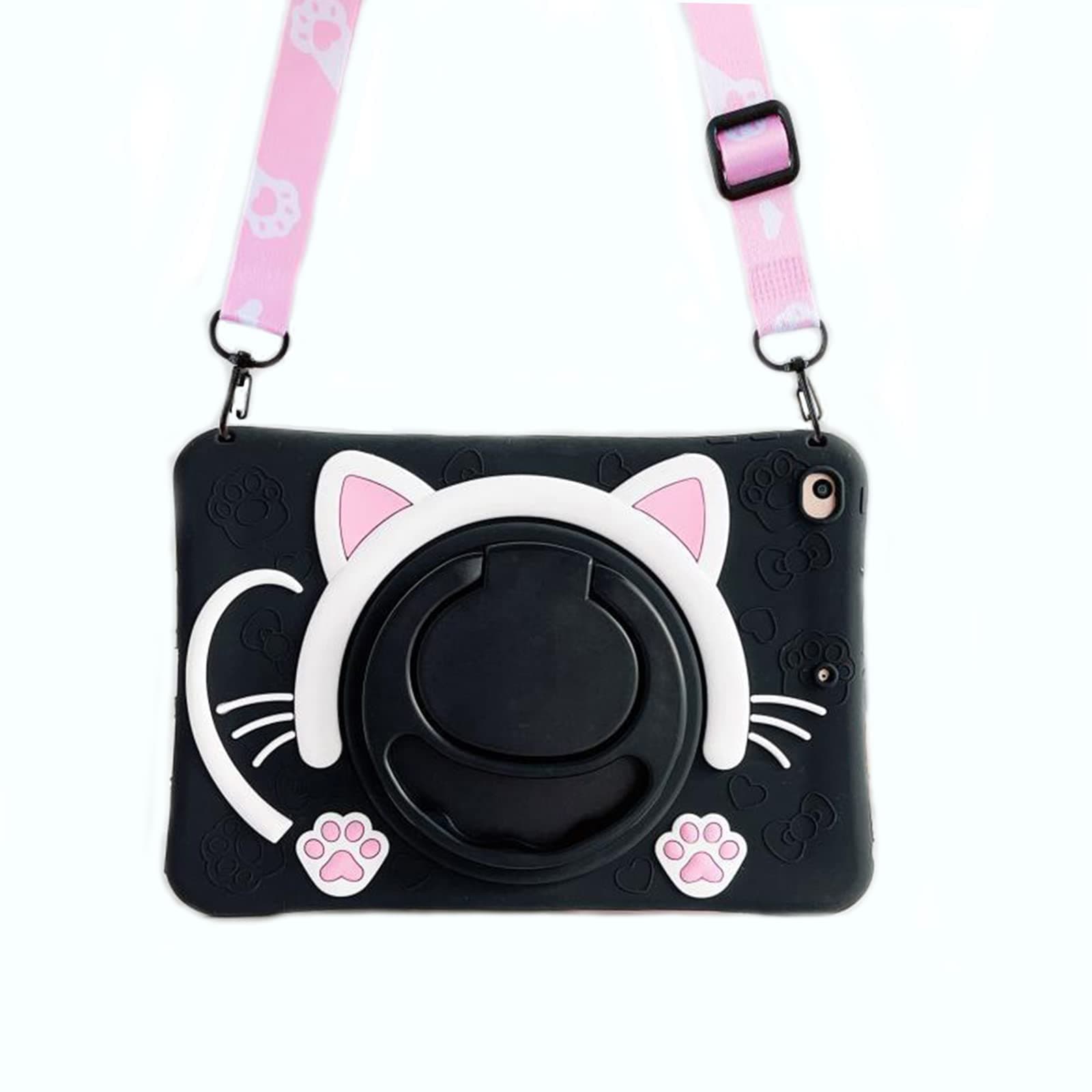 Tablet Case for Samsung Galaxy Tab A8 10.5 inch 2022 Model (SM-X200/X205/X207) Cover with 360° Swivel Stand/Handle Grip/Shoulder Strap,Shockproof Silicone Cover 3D Lovely Cat Case(Black)
