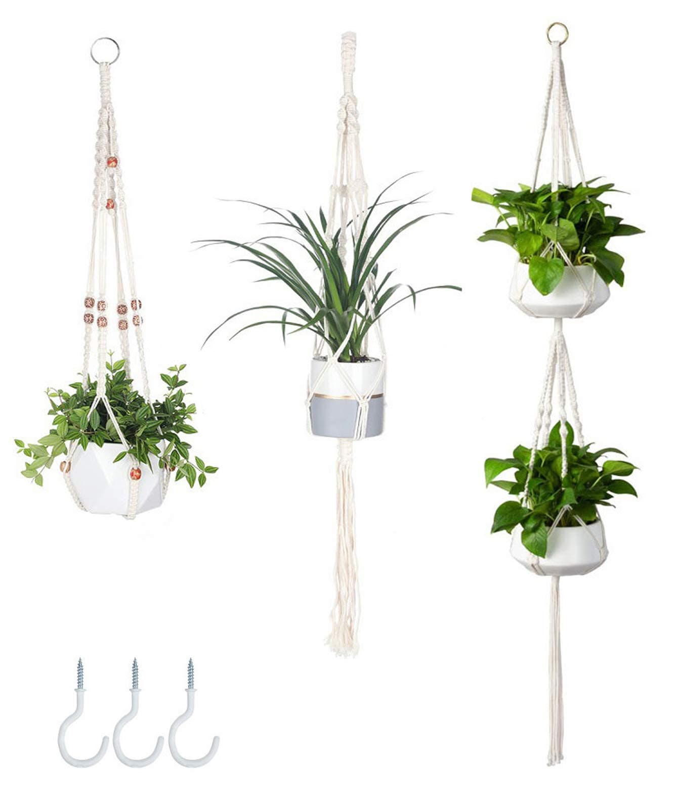 3 Pack Macrame Plant Hanger with 3 Hooks, Different Size Hanging Planters for Indoor Plants Holder for Boho Home Decor,Ivory