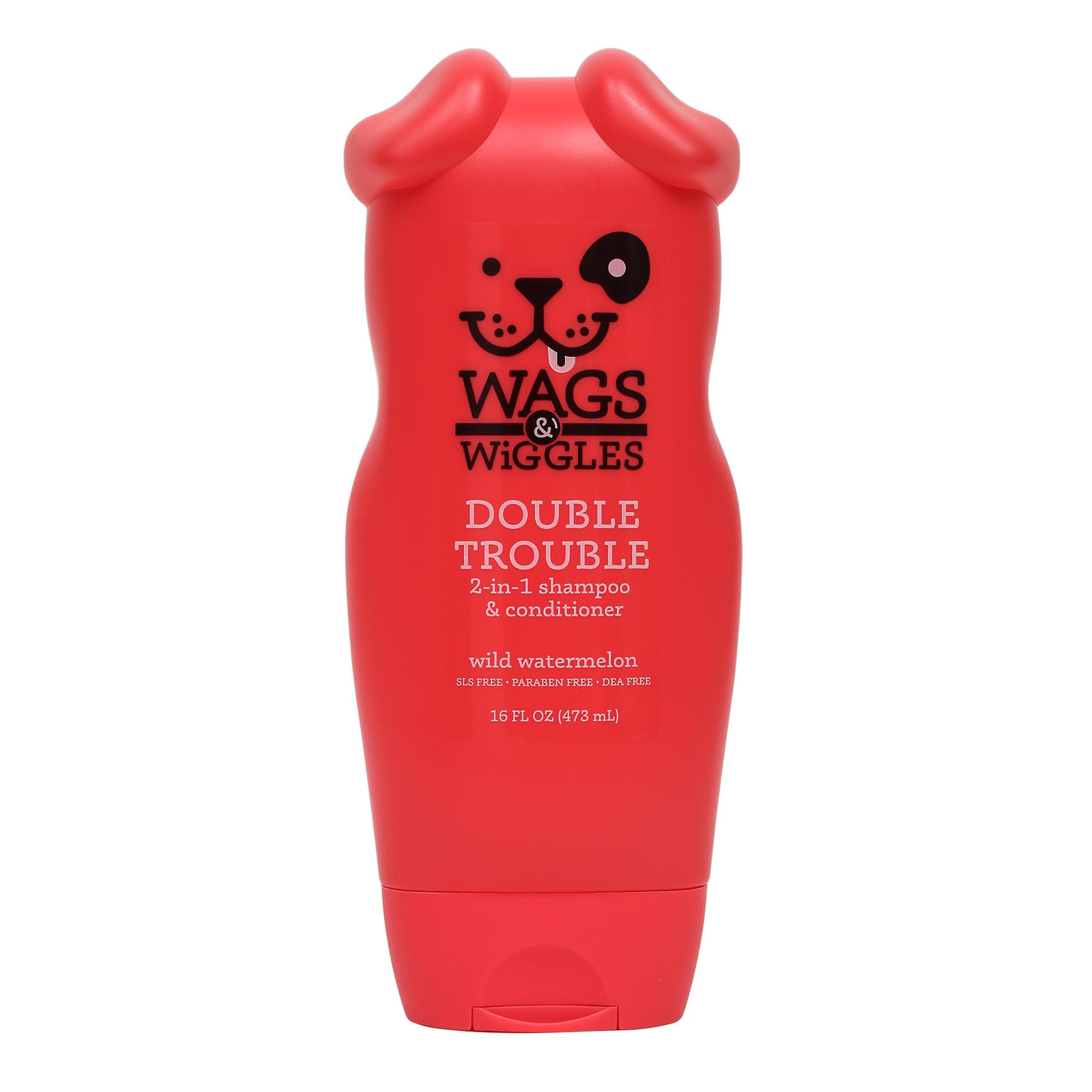 Wags & Wiggles Double Trouble 2-in-1 Dog Shampoo and Conditioner, Fruity Watermelon Scent - Cleansing and Conditioning Formula with Jojoba Oil and Wheat Protein, 16 Fl Oz