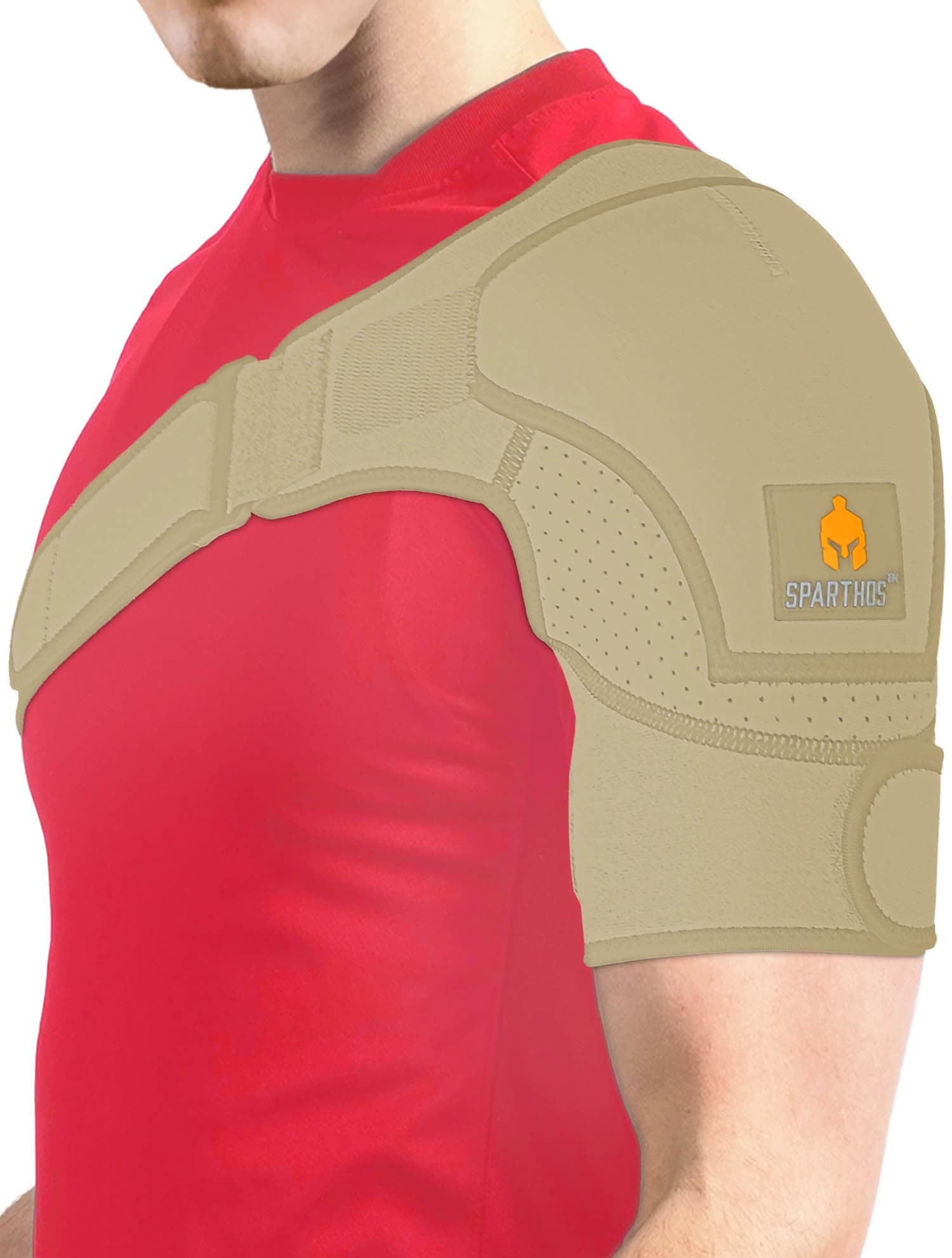 Sparthos Shoulder Brace - Support Sleeve for Torn Rotator Cuff, AC Joint Pain Relief - Arm Immobilizer Wrap, Ice Pack Pocket, Stability Strap, Dislocated Sholder - for Men and Women - Beige UNI