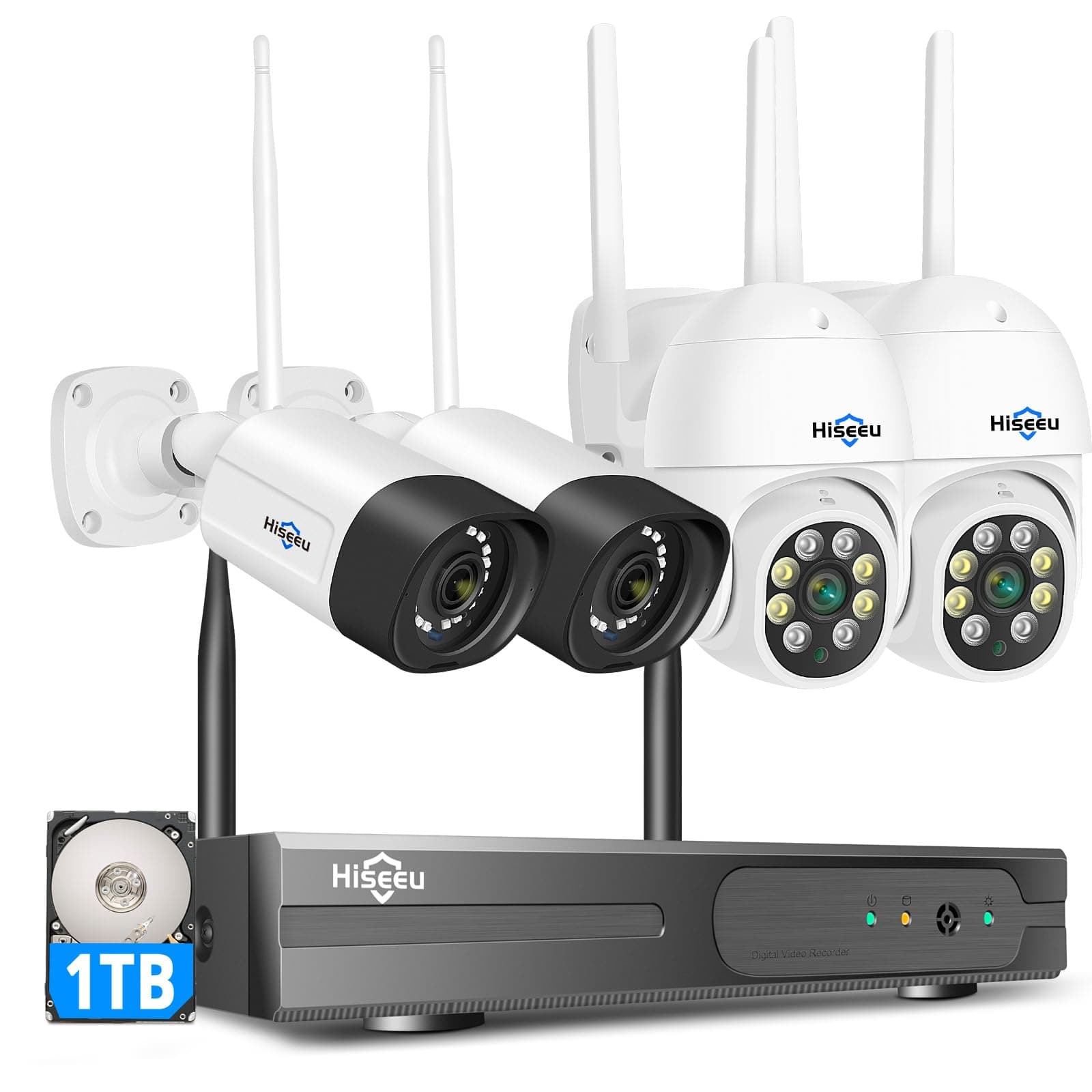 Hiseeu PTZ Camera+Bullet Camera- 8CH Wireless Security Camera System,3MP Wireless CCTV System With 2-Way Audio,Remote View,IP66 Waterproof,Color Night Vision,Motion Detect&App Alert,1TB HDD Included
