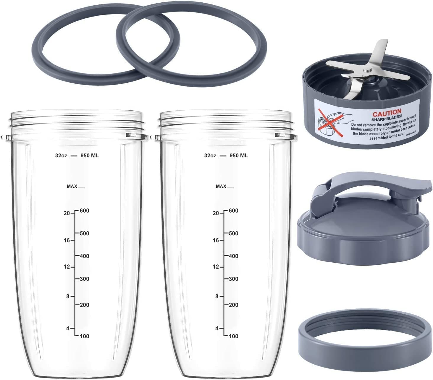 MEET JUICE 7 Pieces nutribullet Blender Cups & Blade Replacement Set 32oz Huge Cup with 1 Flip-Top To-Go Lid and 1 Lid Ring & Premium Extractor Blade with Compatible with NutriBullet 600w/900w Blender