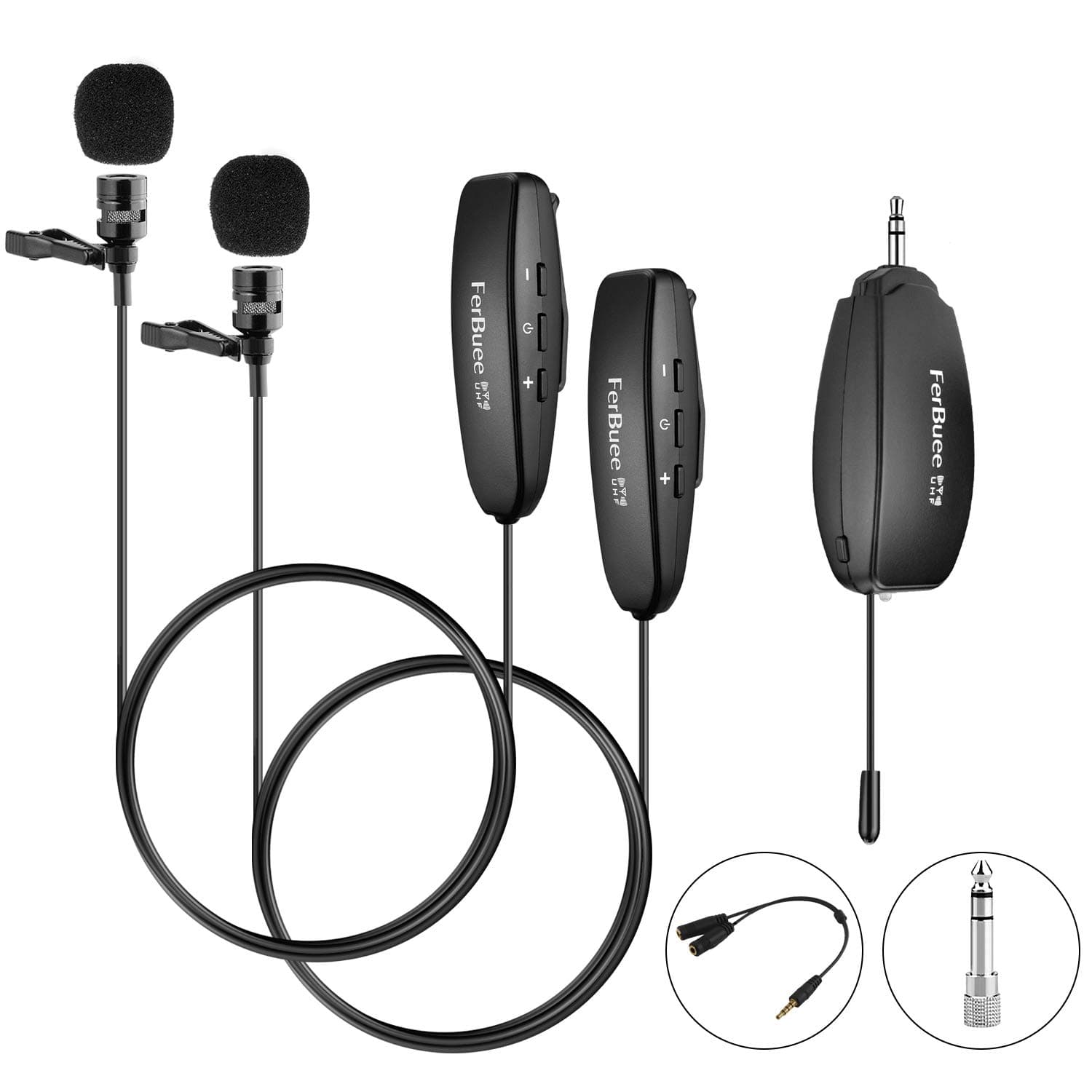 Wireless Lavalier Microphone System FerBuee Wireless Lapel Clip Microphones, 2 Lavalier Mics & 1 Receiver, 100ft Stable Transmission Voice Recording Mic for Phones, Cameras, Great for Speakers