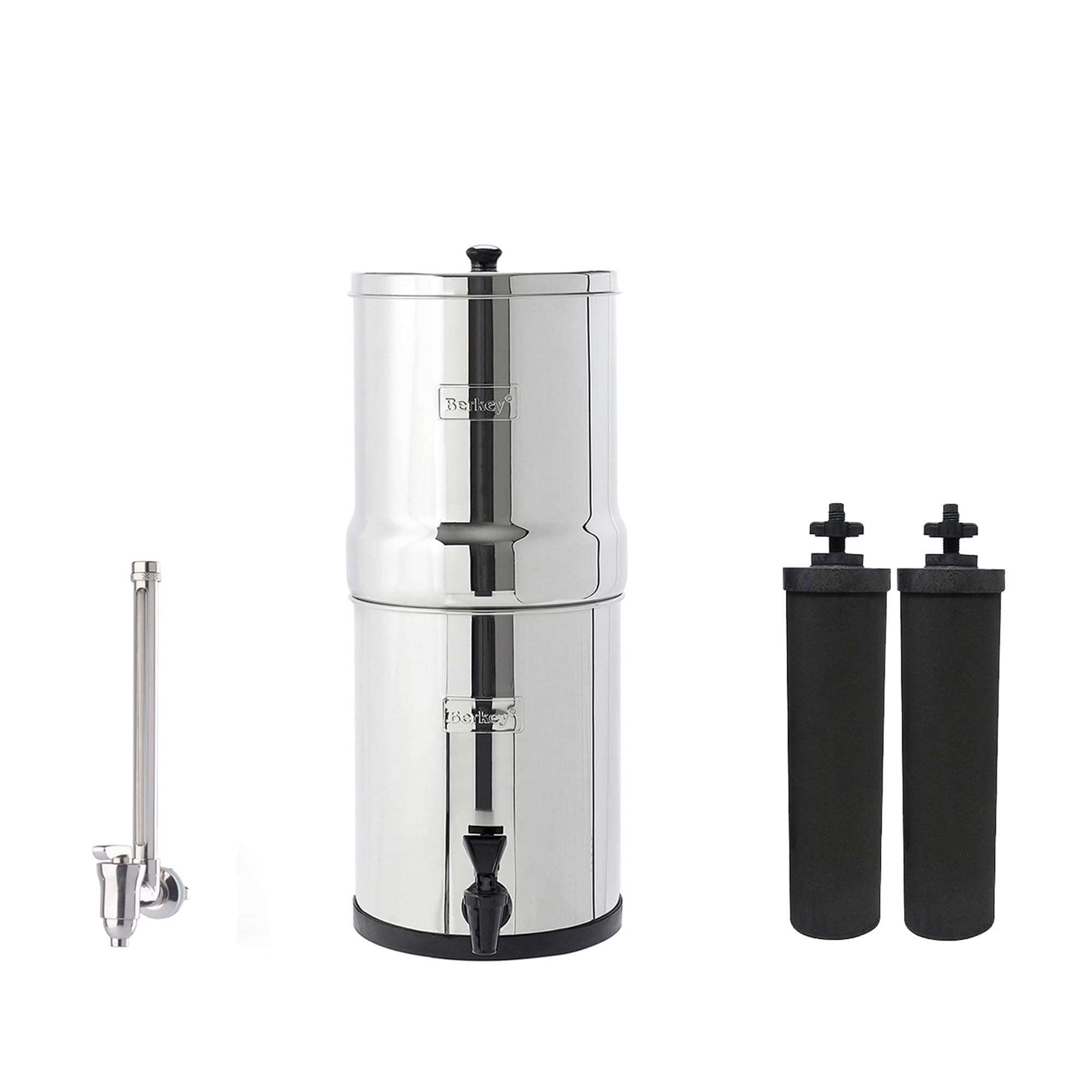Travel Berkey Gravity-Fed Water Filter System with 2 Black Berkey Elements Plus Deluxe 7" Stainless Steel Water View Spigot