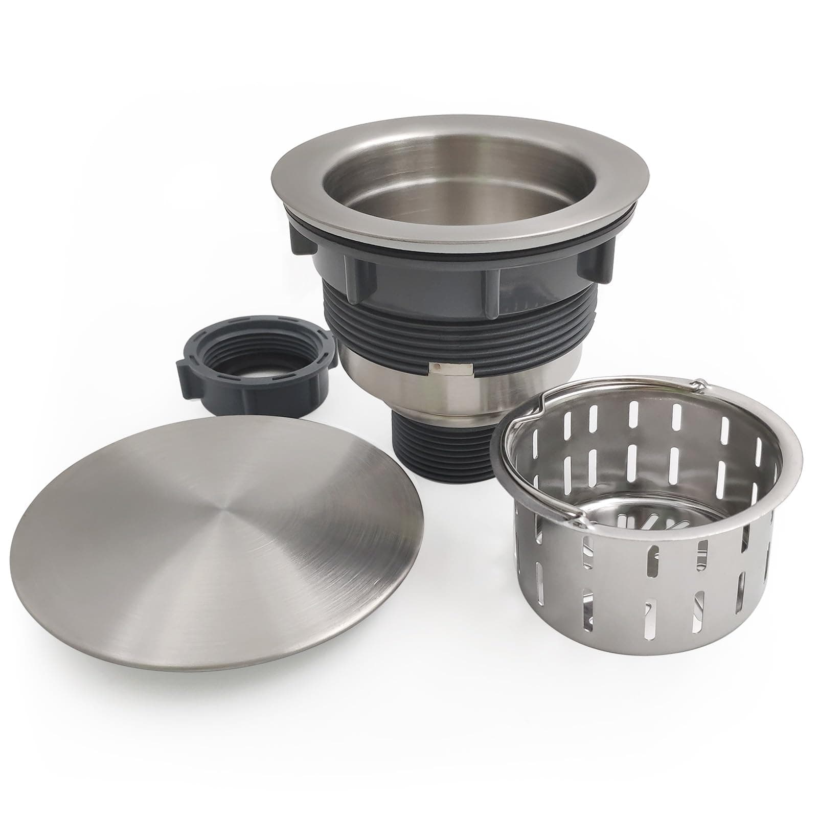 3.5" Kitchen Sink Drain Strainer Assembly Kit with Stopper Cover, Removable Deep Waste Basket Replacement, SUS304 Stainless Steel Brushed Nickel, Add Decor Flat Lid