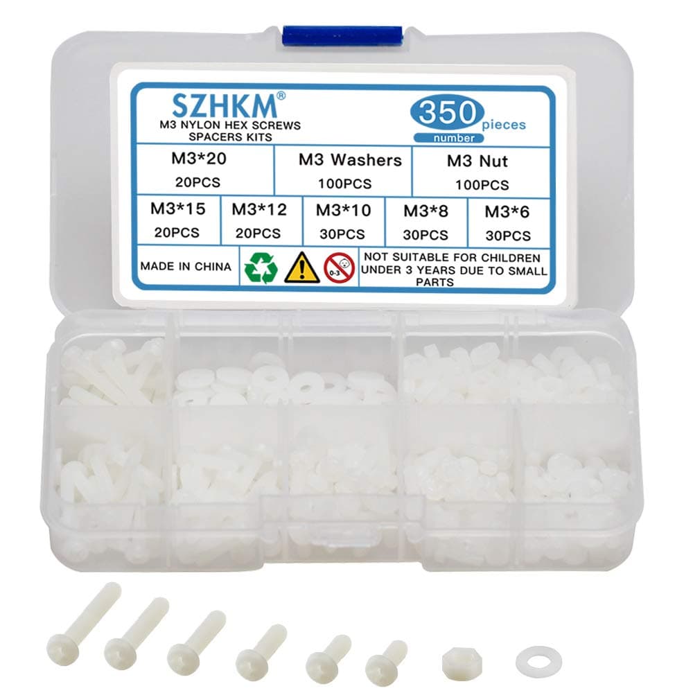 M3 Nylon Screws and Nuts Phillips Head Nylon Washers Hex Computer Screws Assortment Kit Plastic Bolts and Nuts White NL3-05 350Pcs