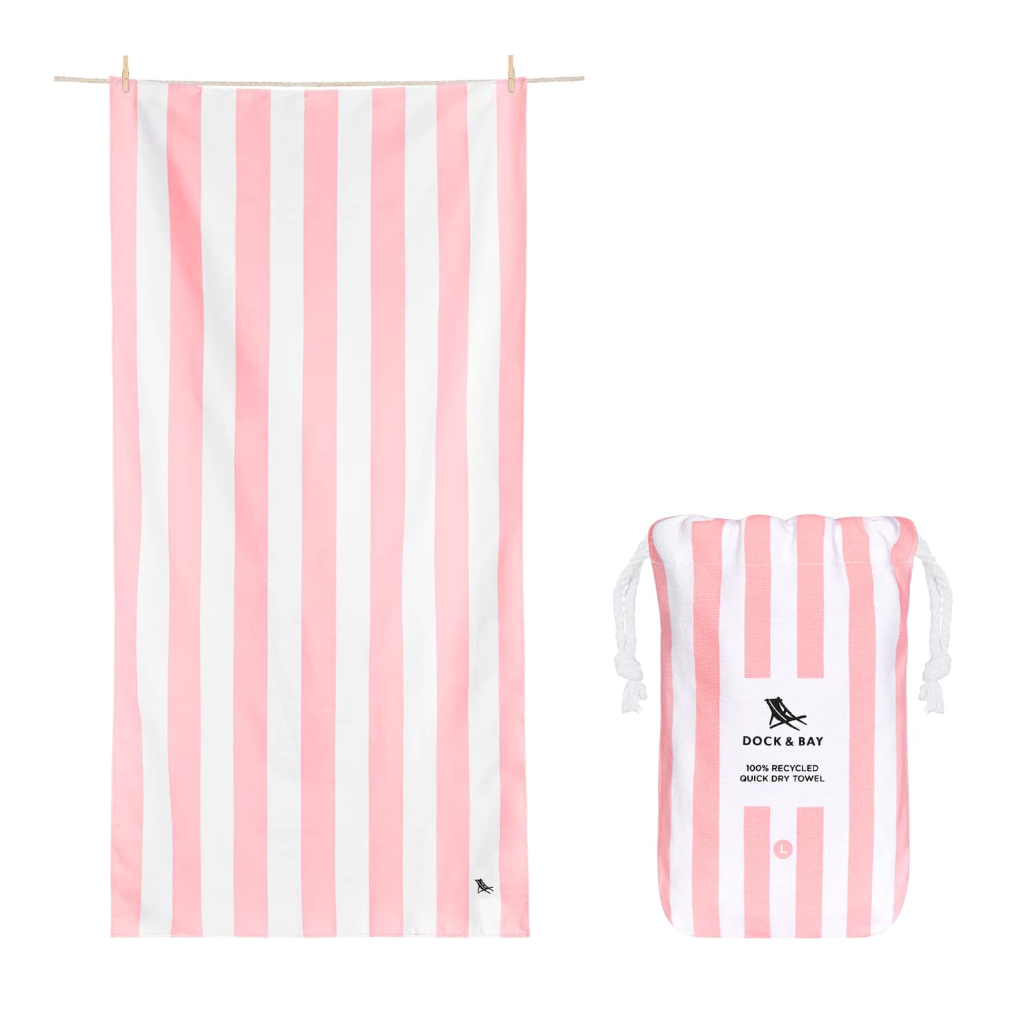Dock & Bay Beach Towel - Quick Dry, Sand Free - Compact, Lightweight - 100% Recycled - Includes Bag - Cabana Light - Malibu Pink - Large (160x90cm, 63x35")