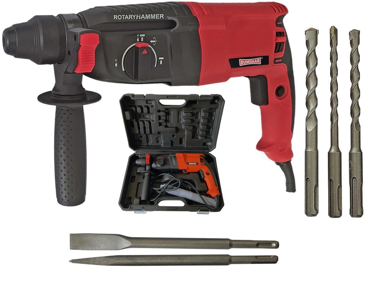 Inditrust DUMDAAR DM26 1250W 26mm hammer drill with SDS drill bits and chisels (RED) 100% Copper Winding