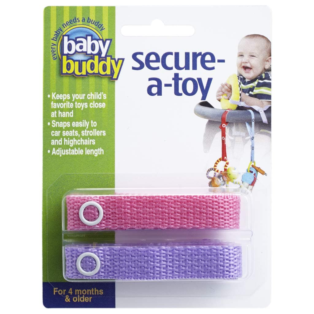 Baby Buddy Secure-A-Toy - Straps Toys, Teether, or Pacifiers to Strollers, Highchairs, Car Seats- Safety Leash With Adjustable Length to Keep Toys Sanitary & Clean, Pink/Lilac 2 Count