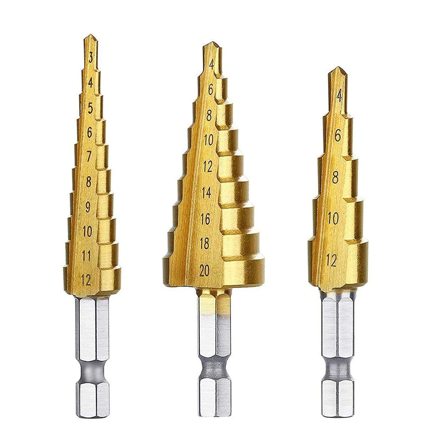 Volterin Step Drill Bit Set Titanium Coated, High-Speed Steel Hex Shank Quick Change for DIY Woodworking, Metal, Plastic 3 Pcs Set With Pouch