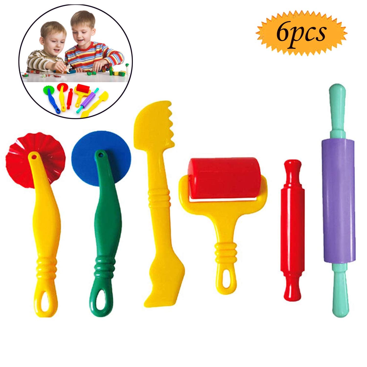 bluesees Dough Tools Kit, Set of 6 Clay Modelling Tools, Smart Art Clay Dough Dough Rollers Molds Cutters Plastic Play Dough Tools Set for Children Ages 3 and up