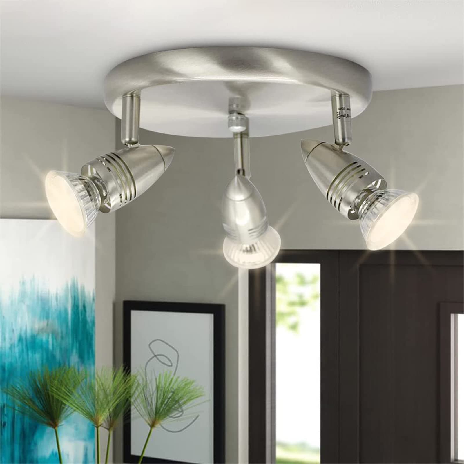DLLT Round Ceiling Spotlight Fixture, 3-Light LED Track Lighting Brushed Nickel, Directional Lighting Fixture for Kitchen, Hallway, Bathroom, Flexibly Rotatable Track Light Heads, GU10 Bulbs Included