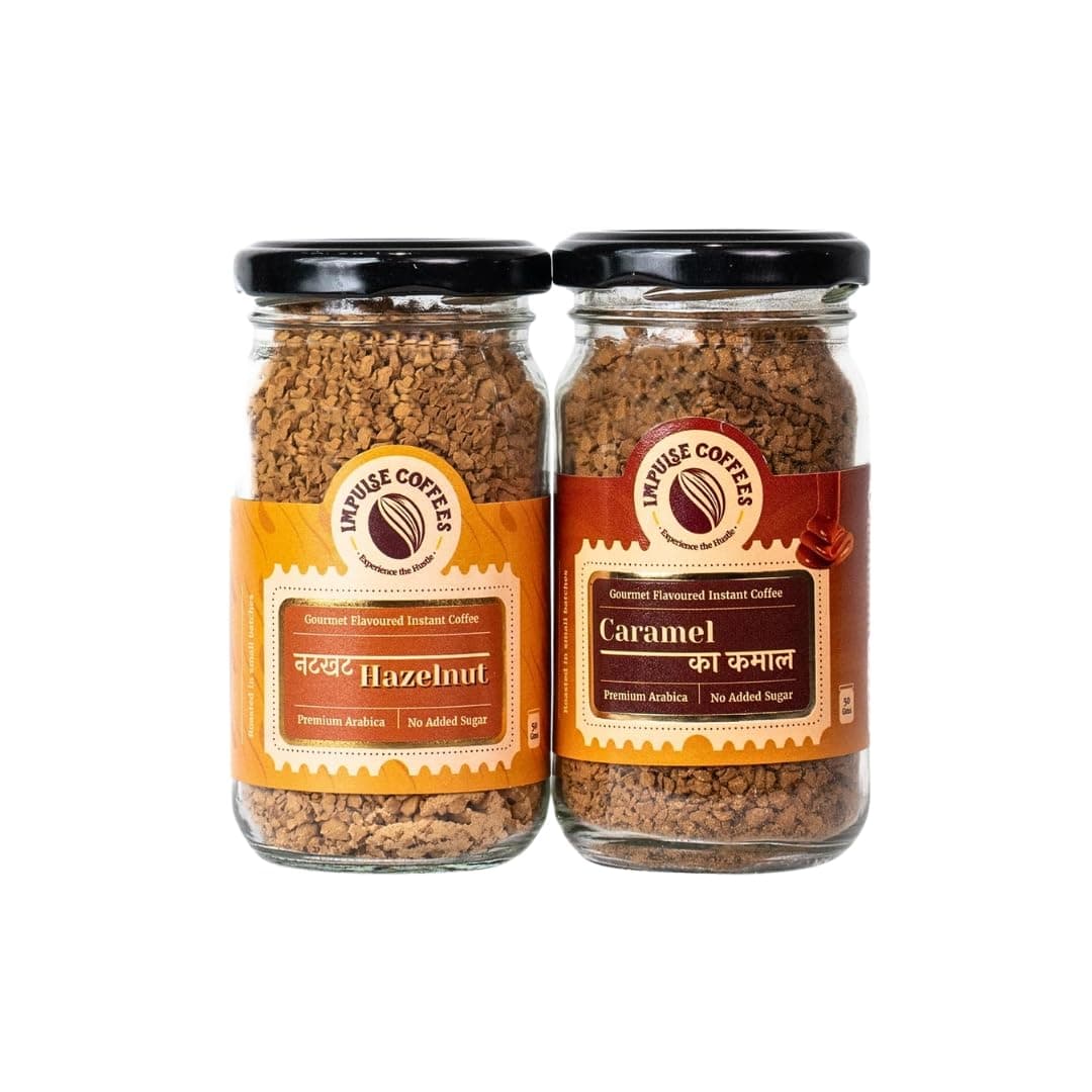 Impulse Coffees Pack of 2 Nutty Delight Combo | Caramel & Hazelnut | Instant Coffee Premix with Hazelnut & Caramel Coffee Powder | Arabica Beans |Flavoured Coffee for Hot & Cold Beverages | 50g Each