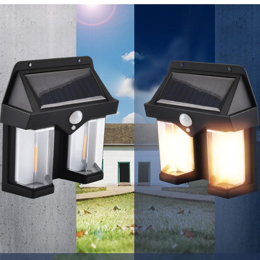 Outside Solar Induction Wall lamp Warm Light Dual Core, Wireless Dusk to Dawn Motion Sensor LED Sconce Lights IP65 Waterproof.