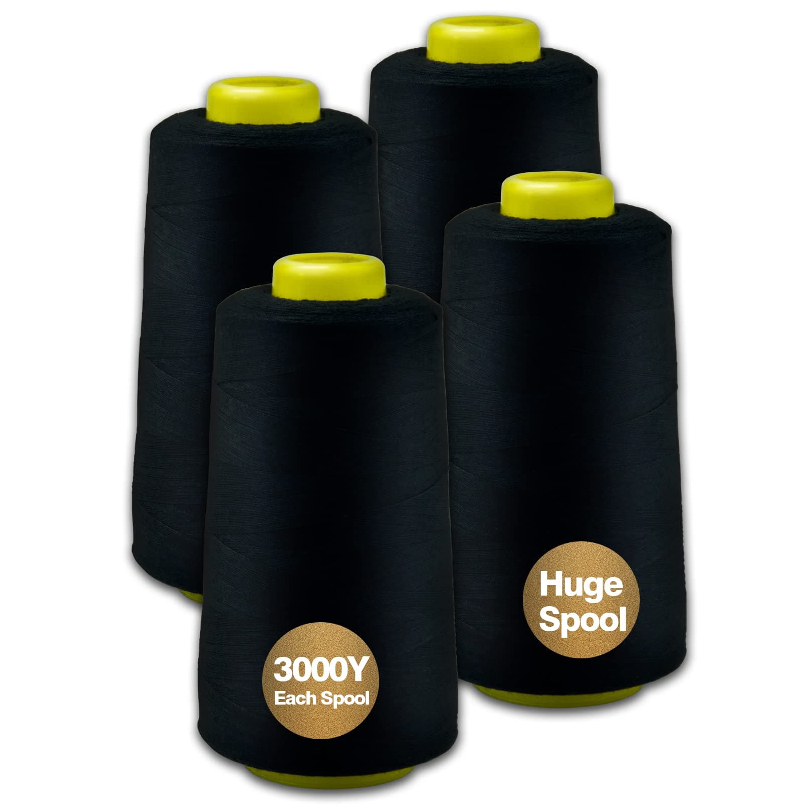 Black Serger Thread, All-Purpose Thread for Sewing, Polyester, 4 Cones of 3000 Yards Each Spool for Sewing Machine