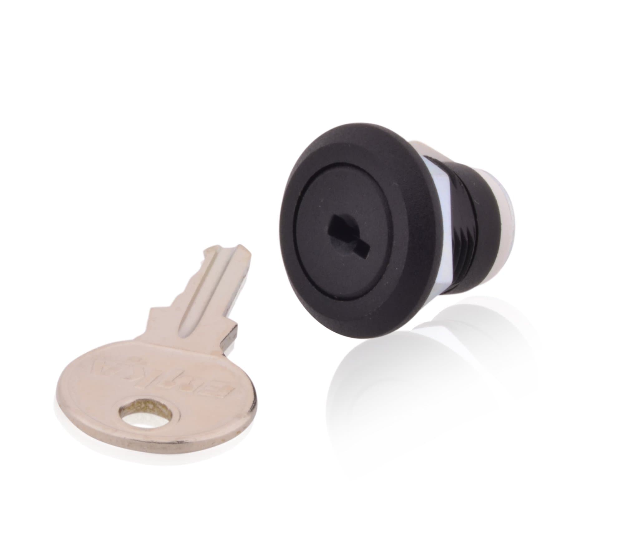 Key and lock made of plastic for fuse box, surface-mounted, IP65, wet room distributor housing.