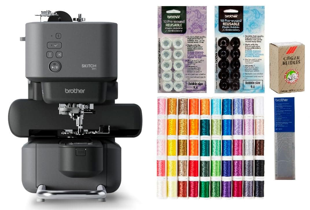 PP1 Skitch Single-Needle Embroidery Machine, 50-Piece Designio Thread Set, 20 Bobbins, 100-Piece 75/11 Embroidery Needles, Stabilizer Roll
