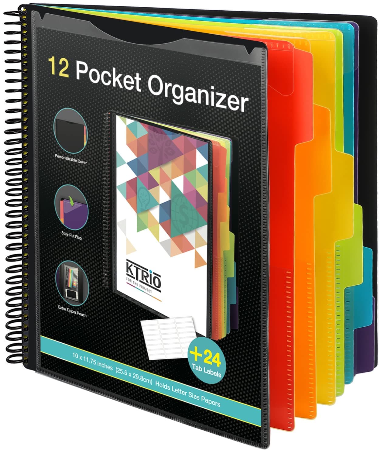 KTRIO 12 Pocket Poly Project Organizer, Binder Organizer Spiral Project Folder Multi Pocket Folder Binder with Pockets Letter Size, Back Cover Utility Pouch, 6 Tab Color Dividers, School Supplies