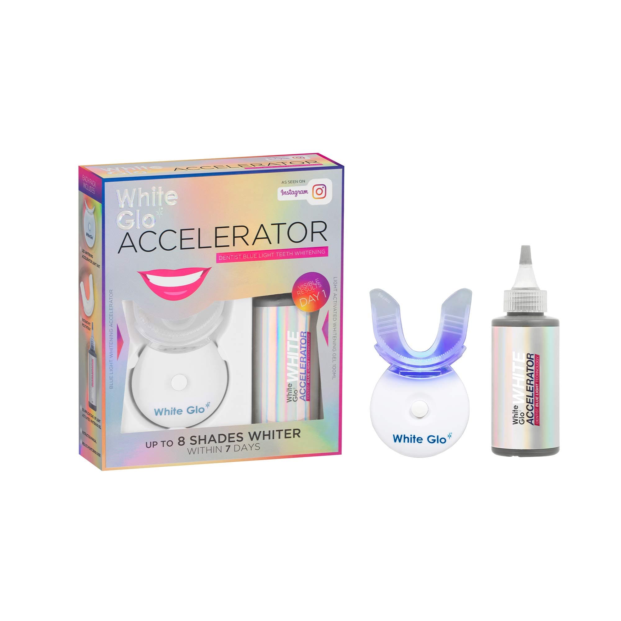 White Glo Accelerator Teeth Whitening Kit with LED Light for Sensitive Teeth and Gums, 3 Months of Professional Treatment, Carbamide Peroxide, Papaya, Pineapple Enzyme for Best Teeth Whitening Results
