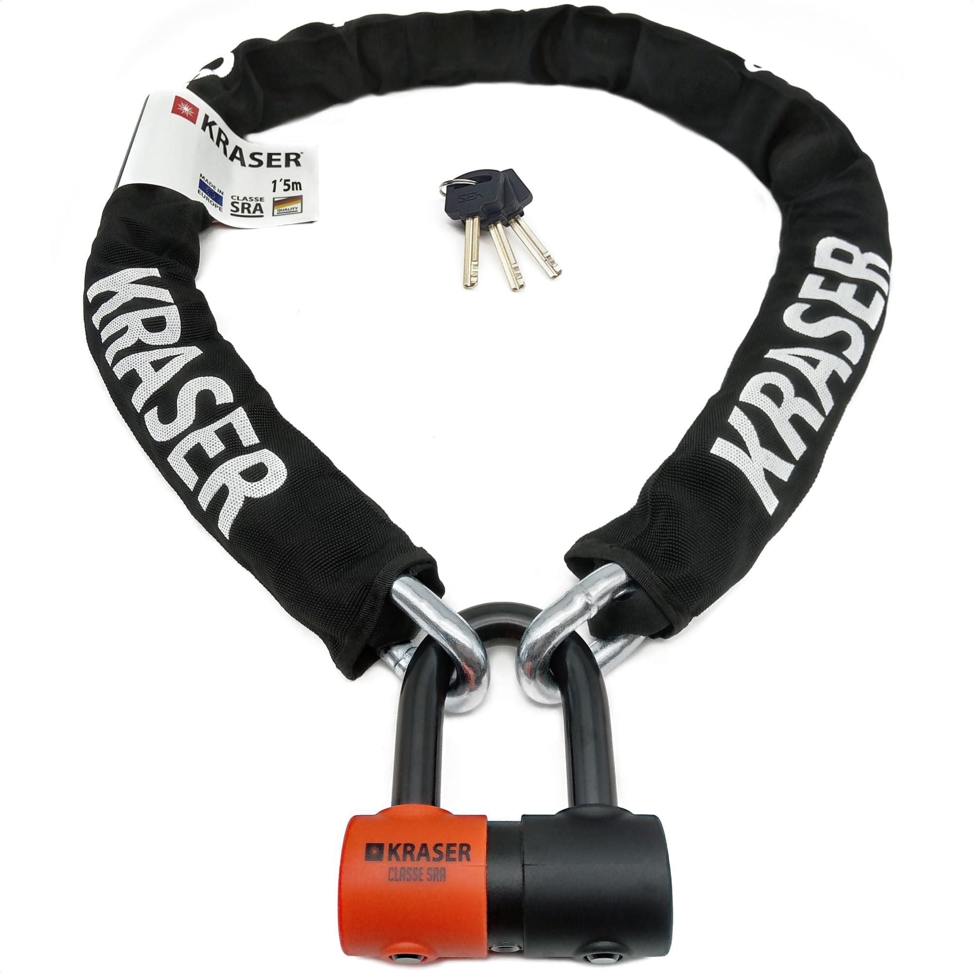 KRASERKR50150 SRA Homologated Set Solid Mini U Disk Lock Anti-Theft Motorbike Padlock Ø18 + 13.5mm 150cm Chain, Heavy Duty Security, Black and Orange