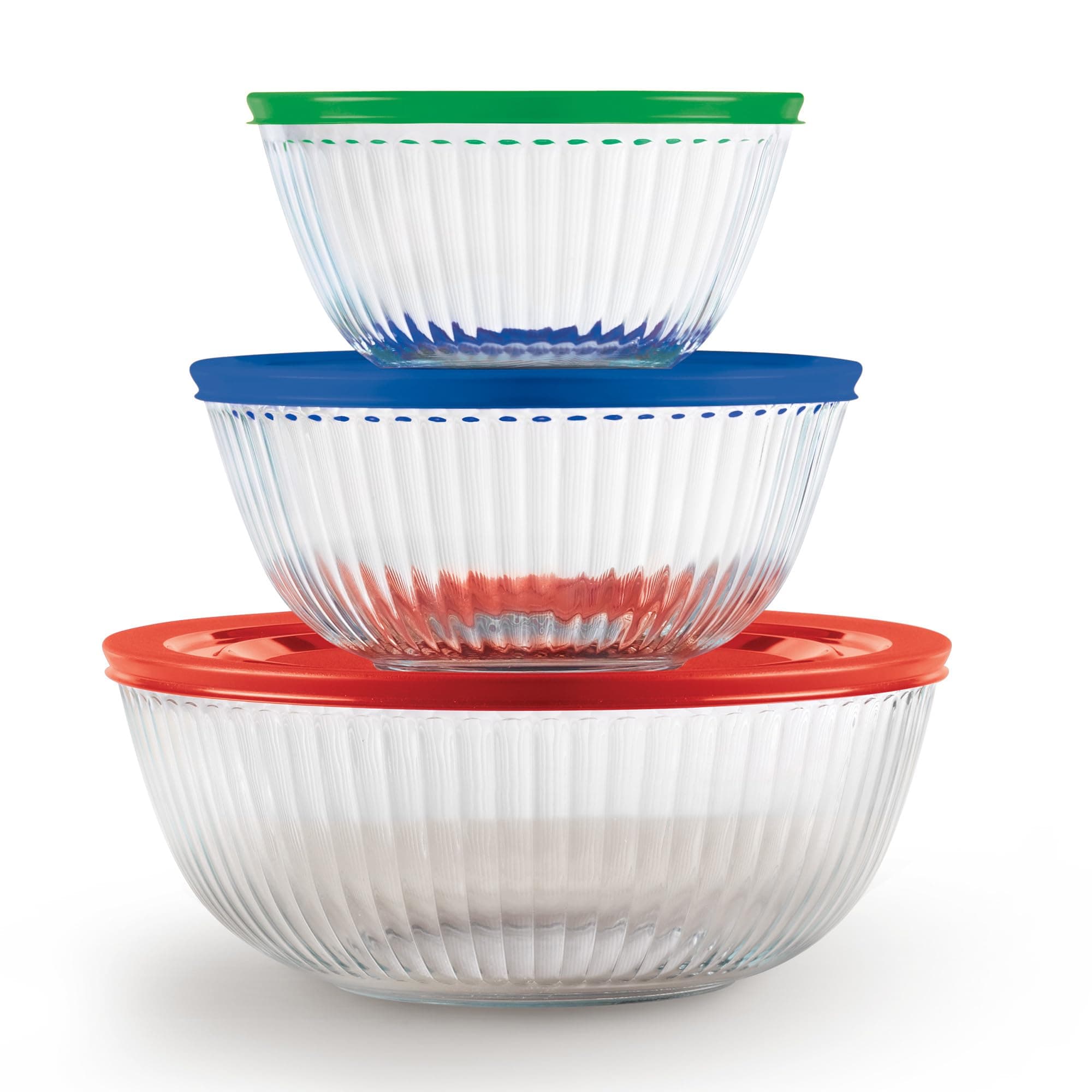 Pyrex Sculpted (3-Pack) Glass Mixing Bowls Set With Plastic Lids For Prepping, Baking and Cooking, Preheated Oven, Dishwasher, Freezer, and Microwave Safe