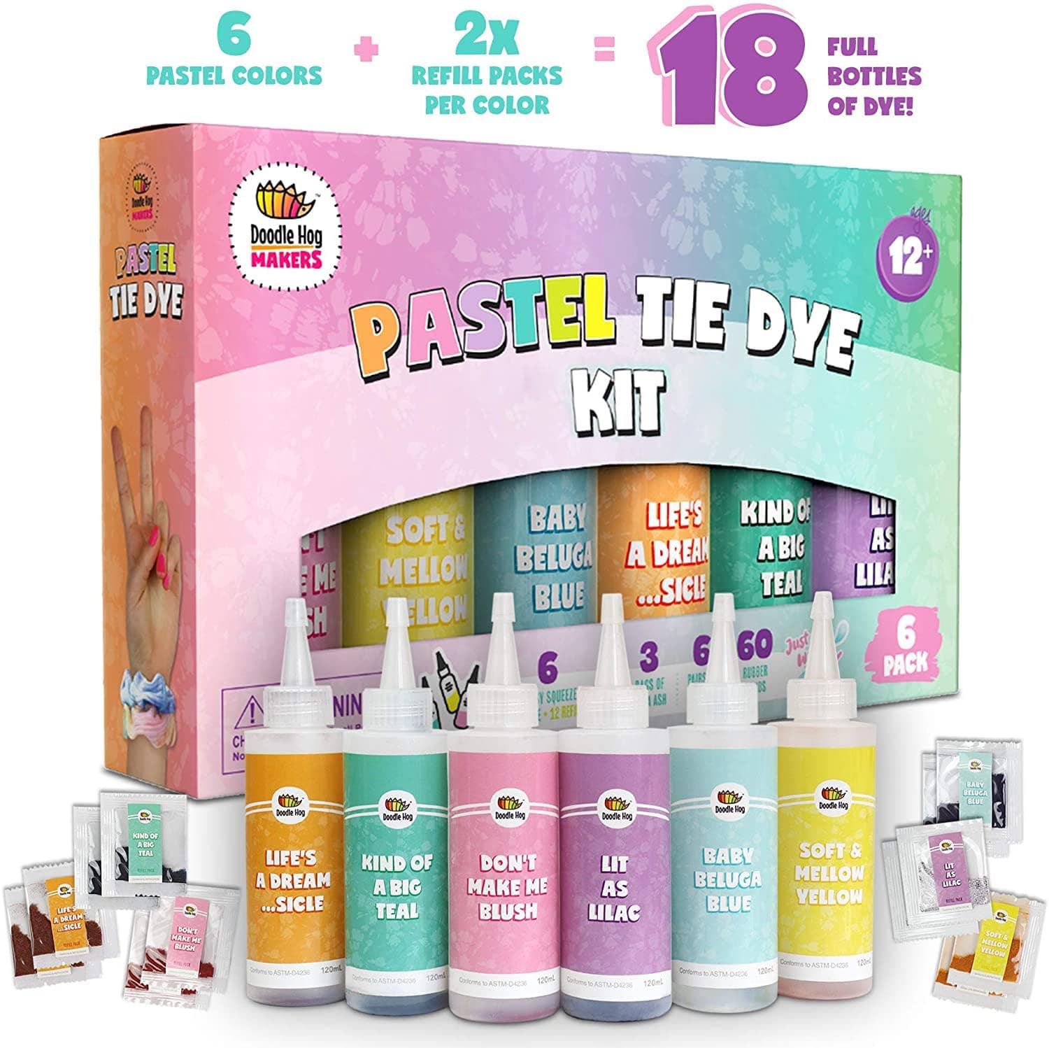 Pastel Tie Dye Kit for Large Groups, DIY Tie Dye Kit for Kids, Clothing Dye Supplies, Tie Dye Kits for Adults, 6 Full Bottles, 12 Refills Packets