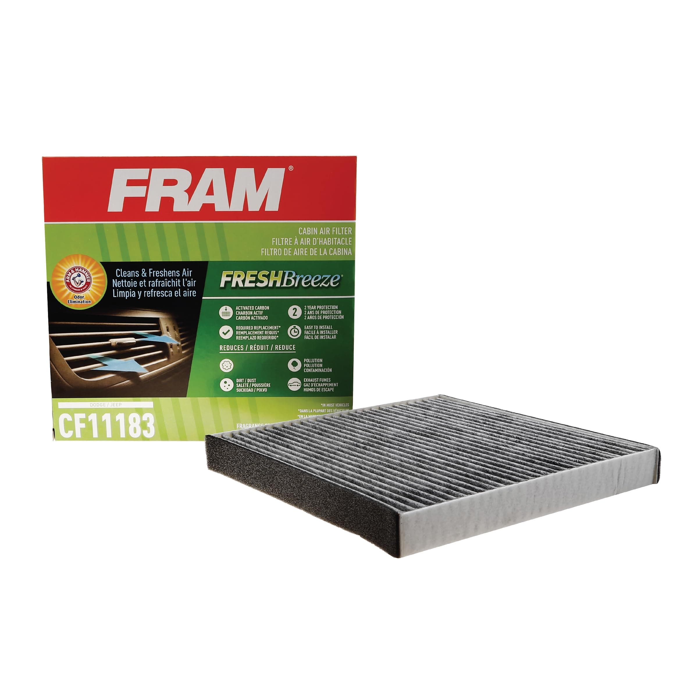 FRAM Fresh Breeze Cabin Air Filter Replacement for Car Passenger Compartment w/ Arm and Hammer Baking Soda, Easy Install, CF11183 for Select Dodge and Jeep vehicles , white