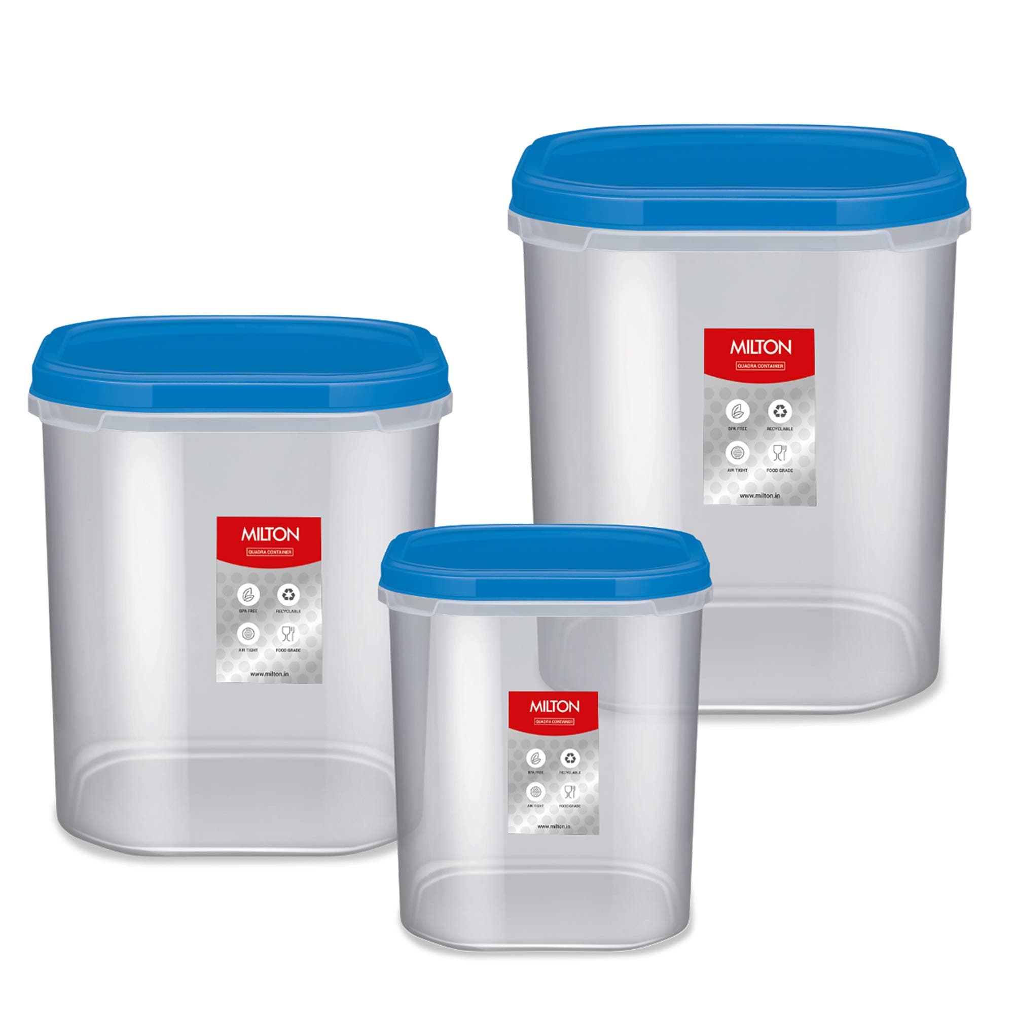 Milton Quadra Plastic Kitchen Box Storage Container, Set of 3, 6000 ml, 8000 ml, 12000 ml, Blue